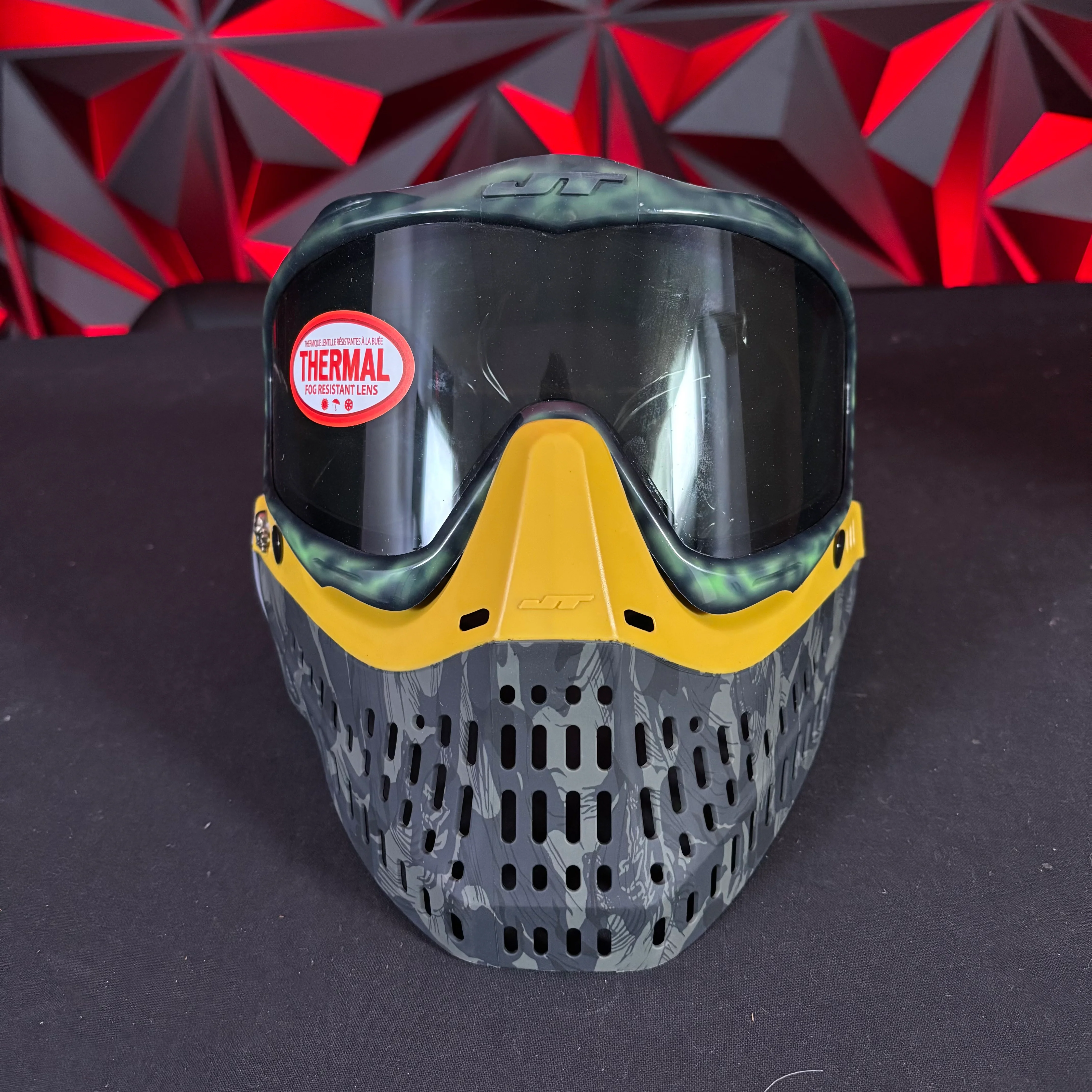 Used JT Proflex Paintball Mask - Custom #8 Green Cheeta/w yellow tiger stripe bottoms and grey ears *Custom* - Image 2