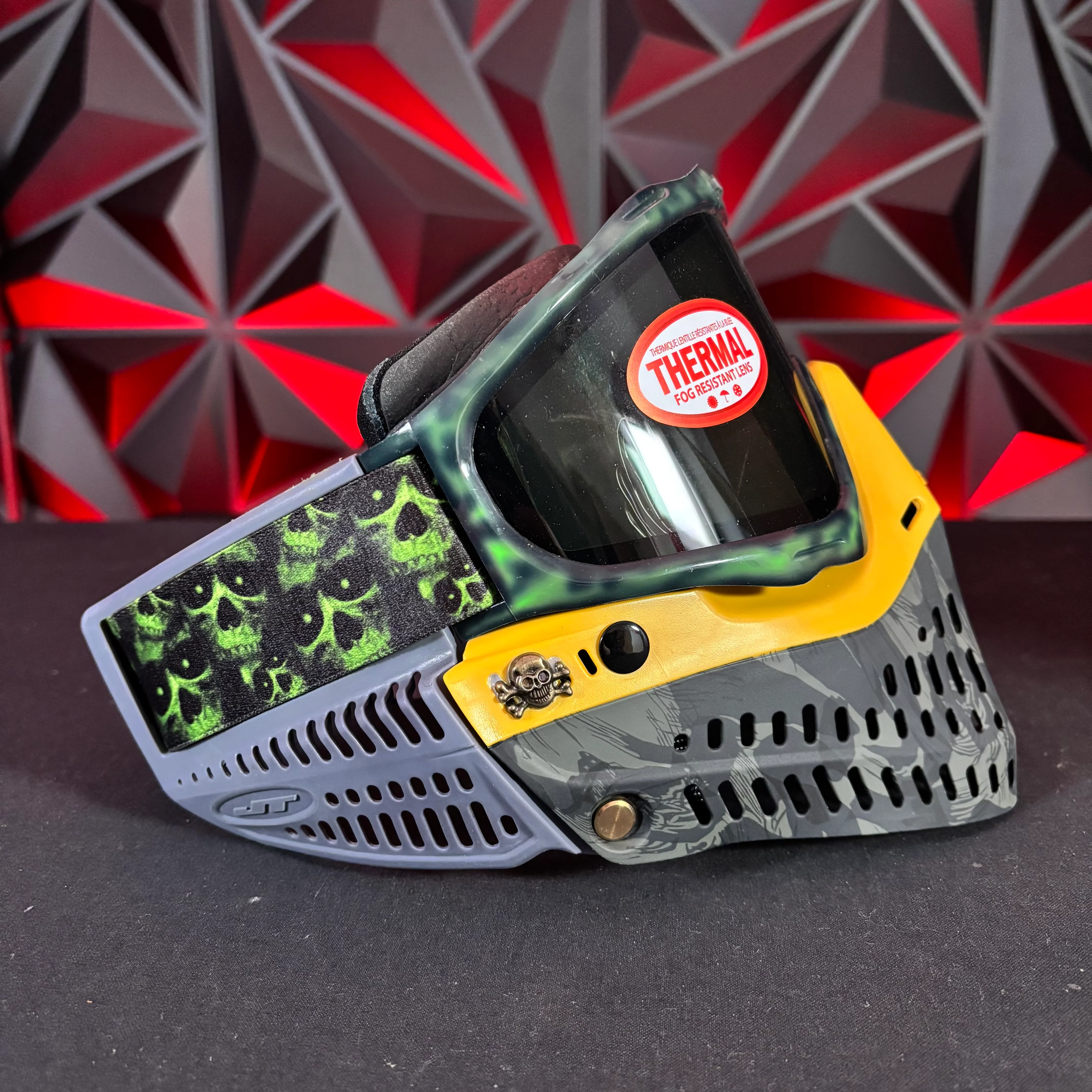 Used JT Proflex Paintball Mask - Custom #8 Green Cheeta/w yellow tiger stripe bottoms and grey ears *Custom* - Image 3