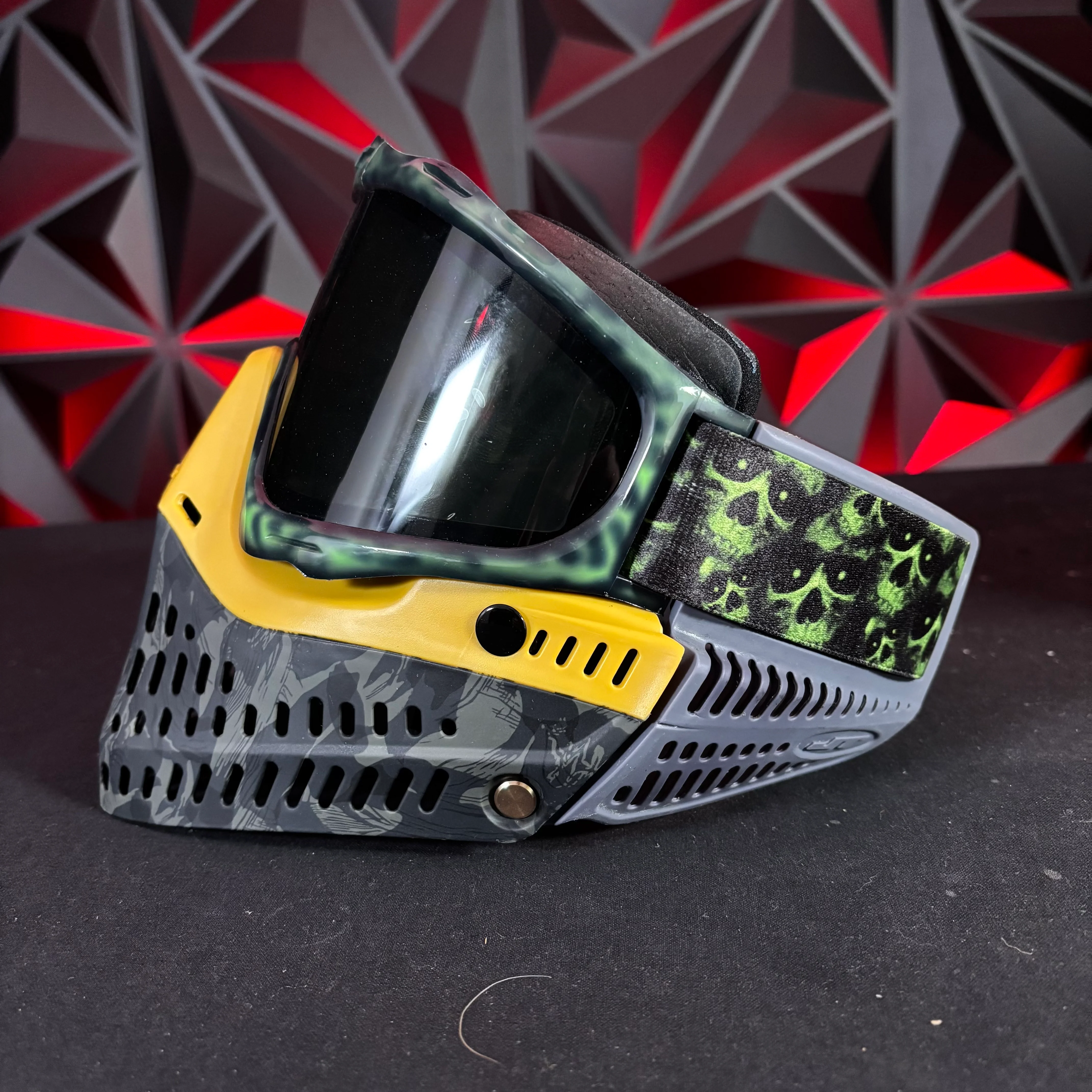 Used JT Proflex Paintball Mask - Custom #8 Green Cheeta/w yellow tiger stripe bottoms and grey ears *Custom* - Image 6