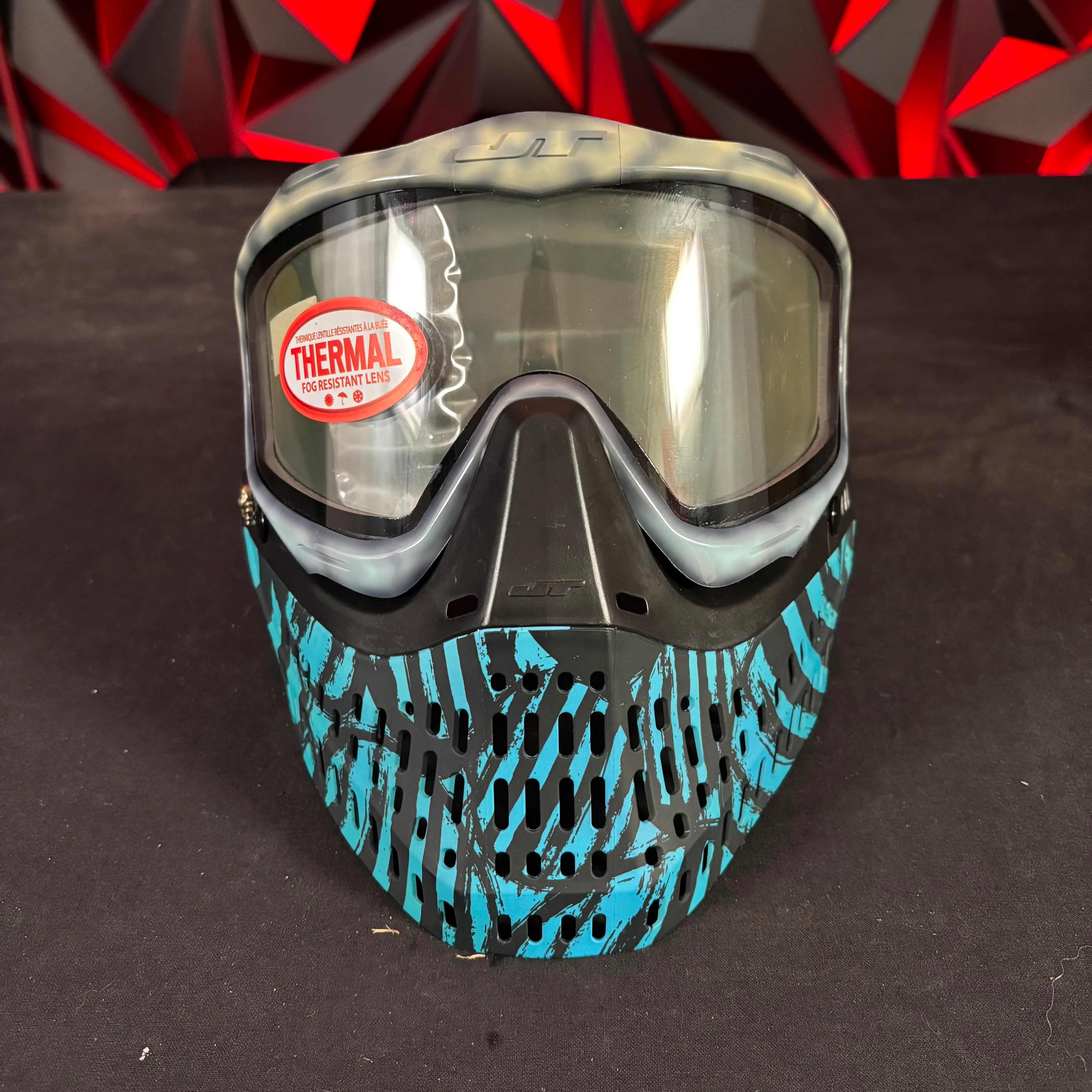 Used JT Proflex Paintball Mask - Custom #4 Blue to cream tie dye Frame /w Blue tiger stripe bottoms and Blue ears *Custom* - Image 2