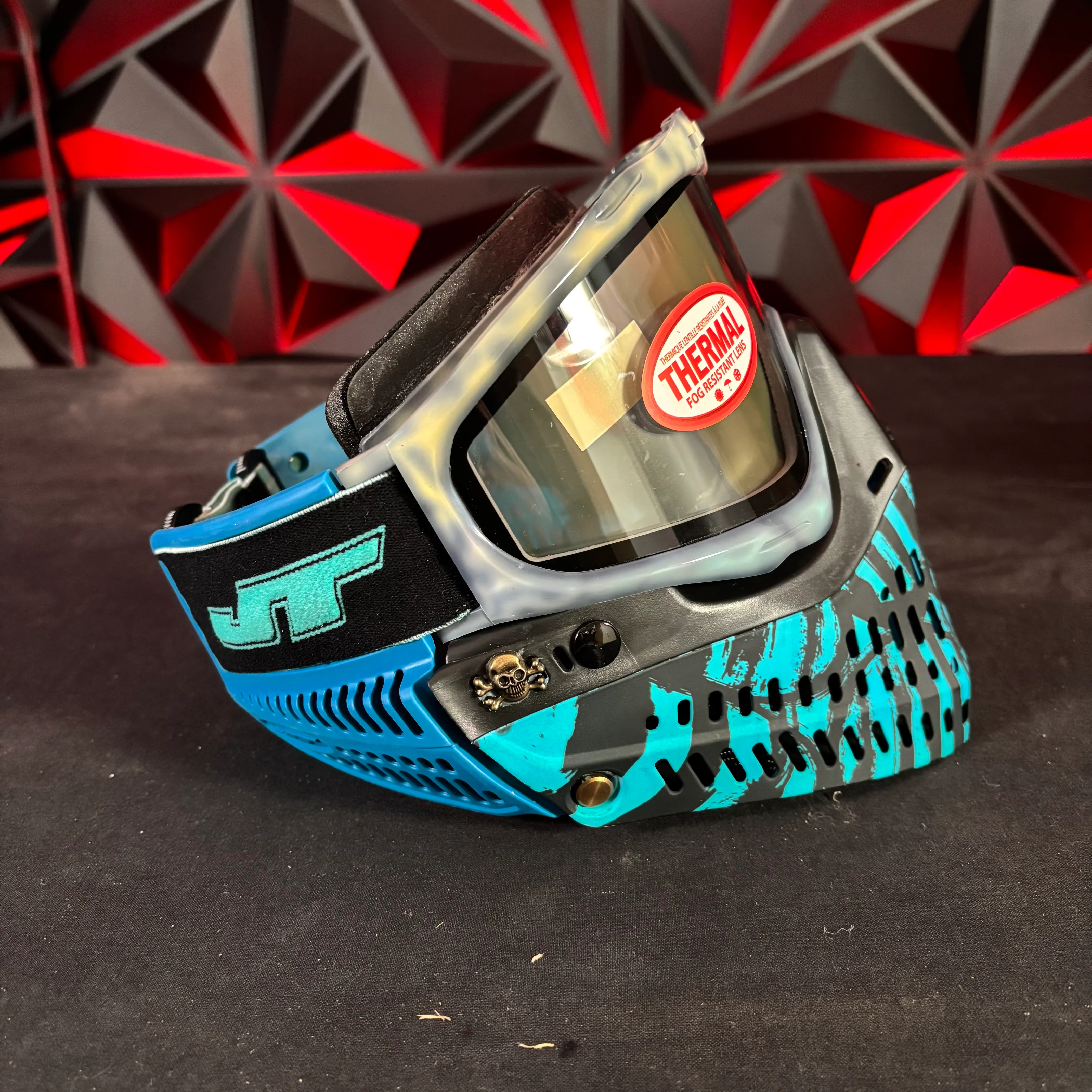 Used JT Proflex Paintball Mask - Custom #4 Blue to cream tie dye Frame /w Blue tiger stripe bottoms and Blue ears *Custom* - Image 3