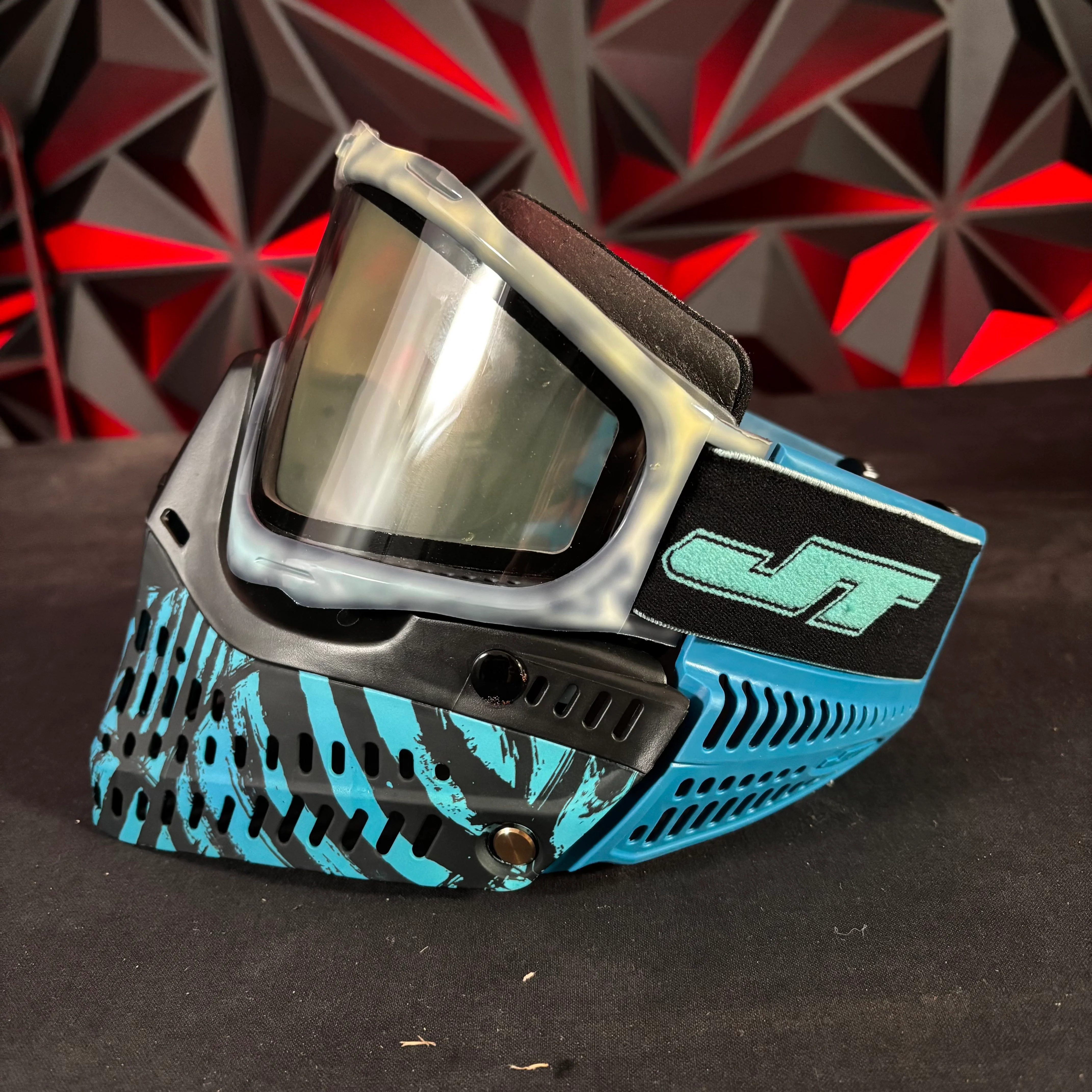 Used JT Proflex Paintball Mask - Custom #4 Blue to cream tie dye Frame /w Blue tiger stripe bottoms and Blue ears *Custom* - Image 6