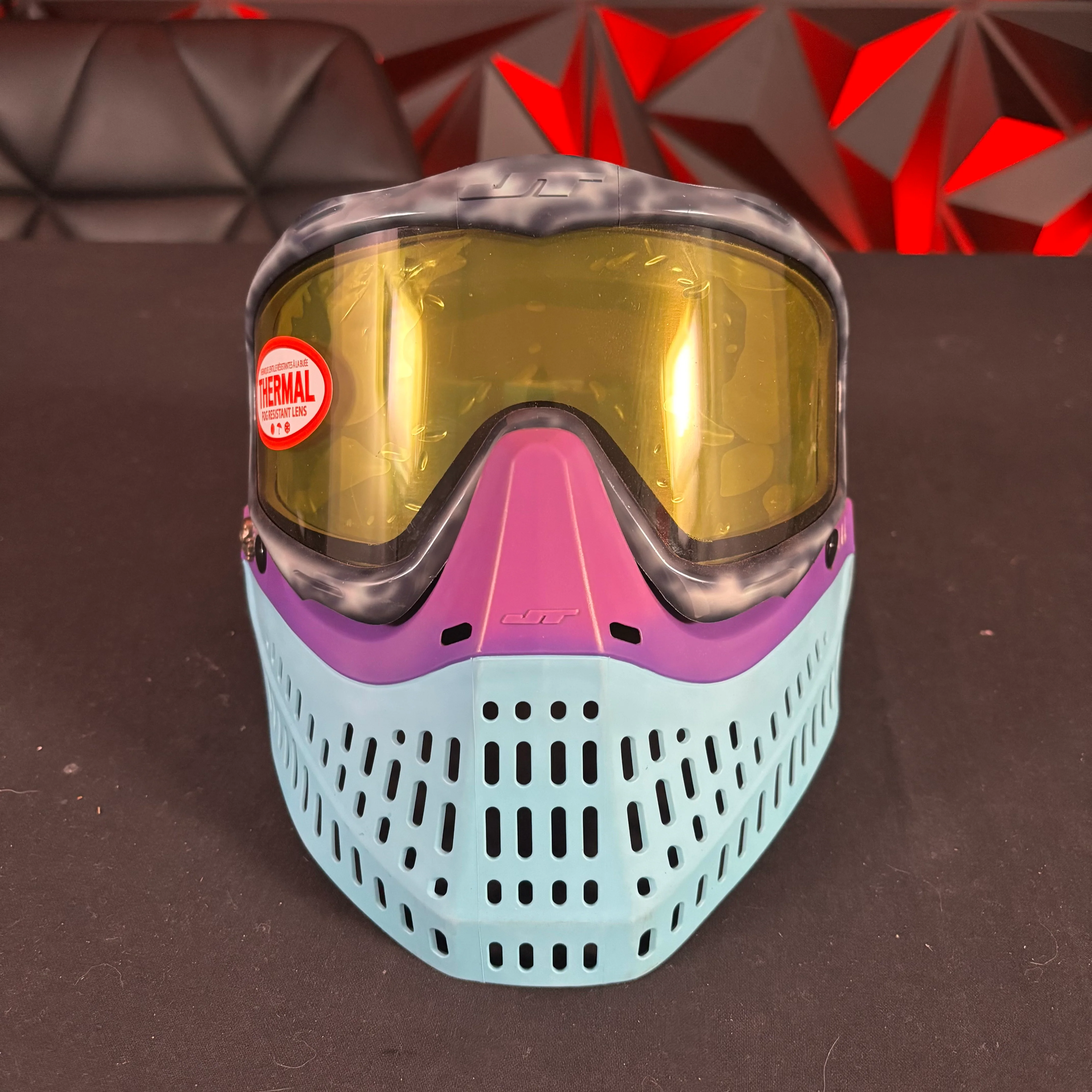Used JT Proflex Paintball Mask - Custom # 17 Dark blue tie Dye Frame /w Light Blue to purple bottoms and Blue ears *Custom* - Image 2