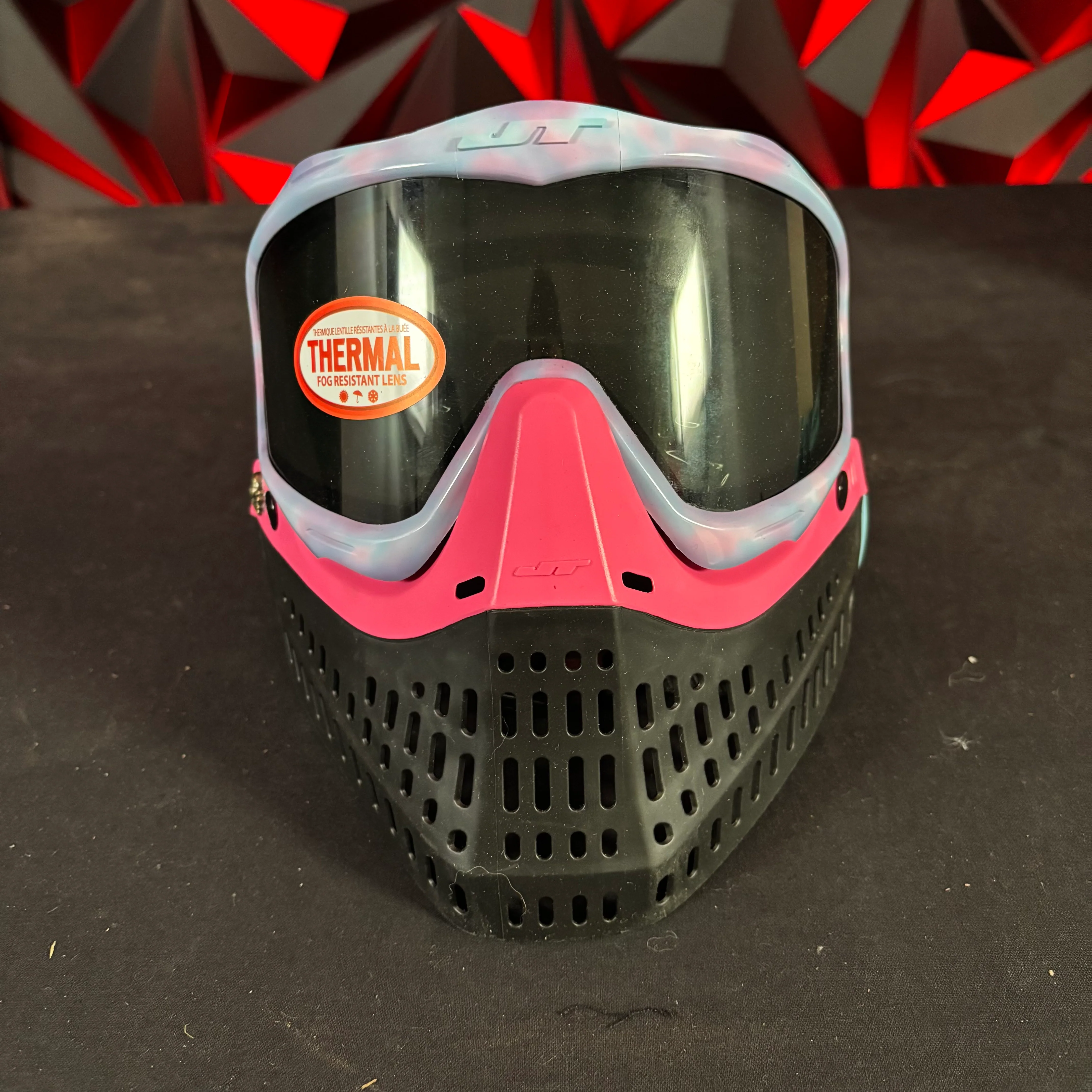 Used JT Proflex Paintball Mask - Custom # 24 Cotton candy Frames /w Black to pink bottoms and Blue ears *Custom* - Image 2