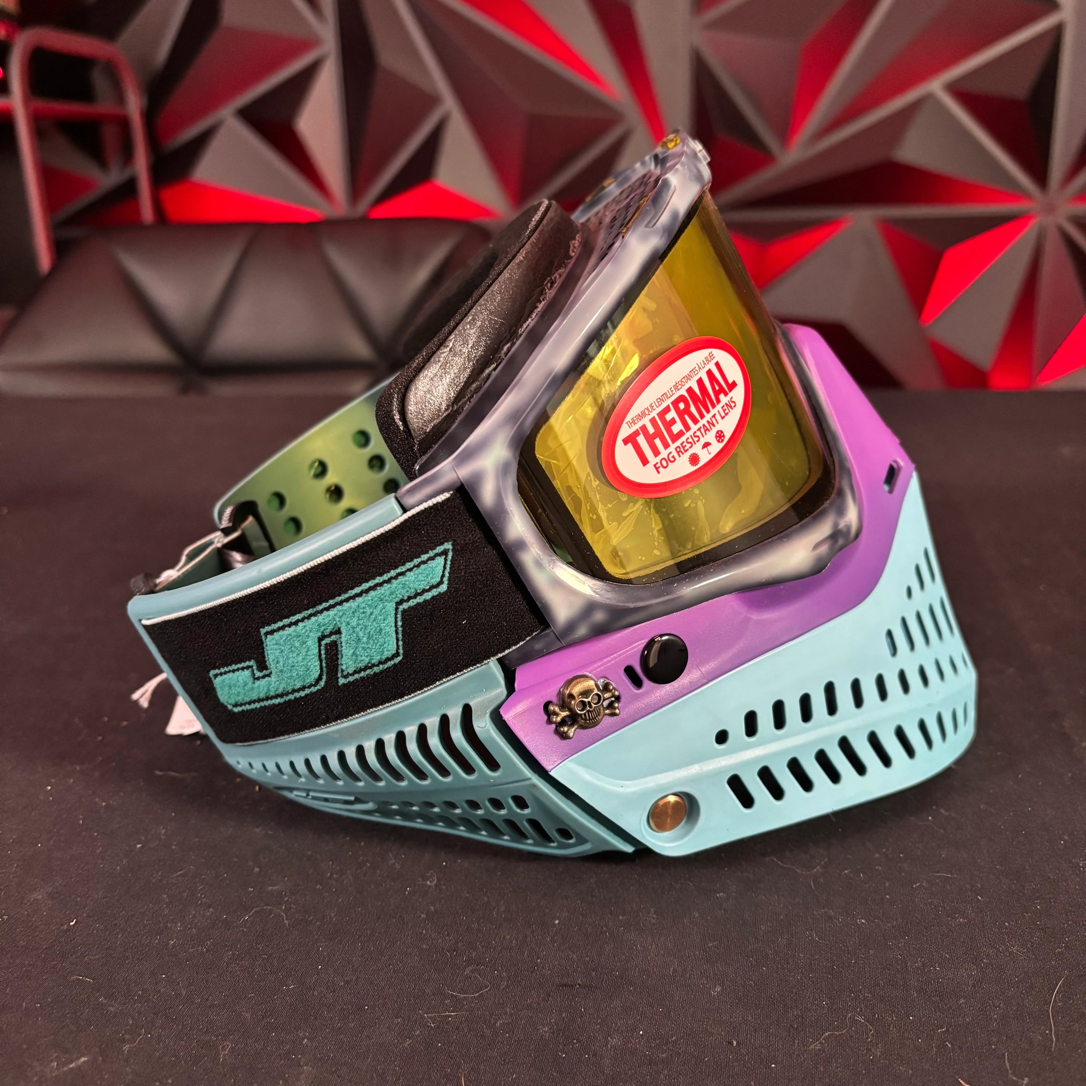Used JT Proflex Paintball Mask - Custom # 17 Dark blue tie Dye Frame /w Light Blue to purple bottoms and Blue ears *Custom* - Image 3