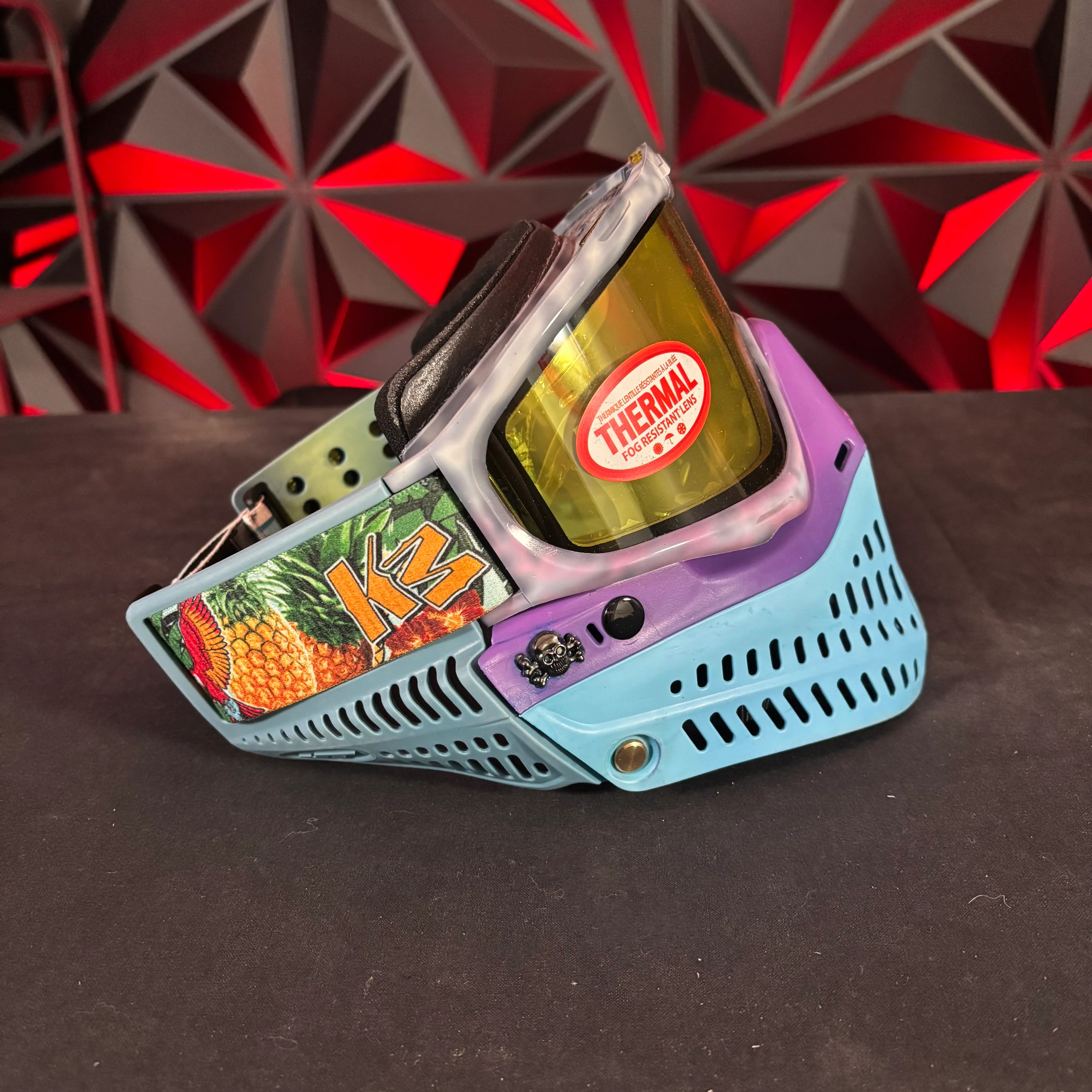 Used JT Proflex Paintball Mask - Custom #14 Dark blue to Cotton candy tie dye Frame /w Light Blue to Purple Bottoms and Grey/blue ears *Custom* - Image 3