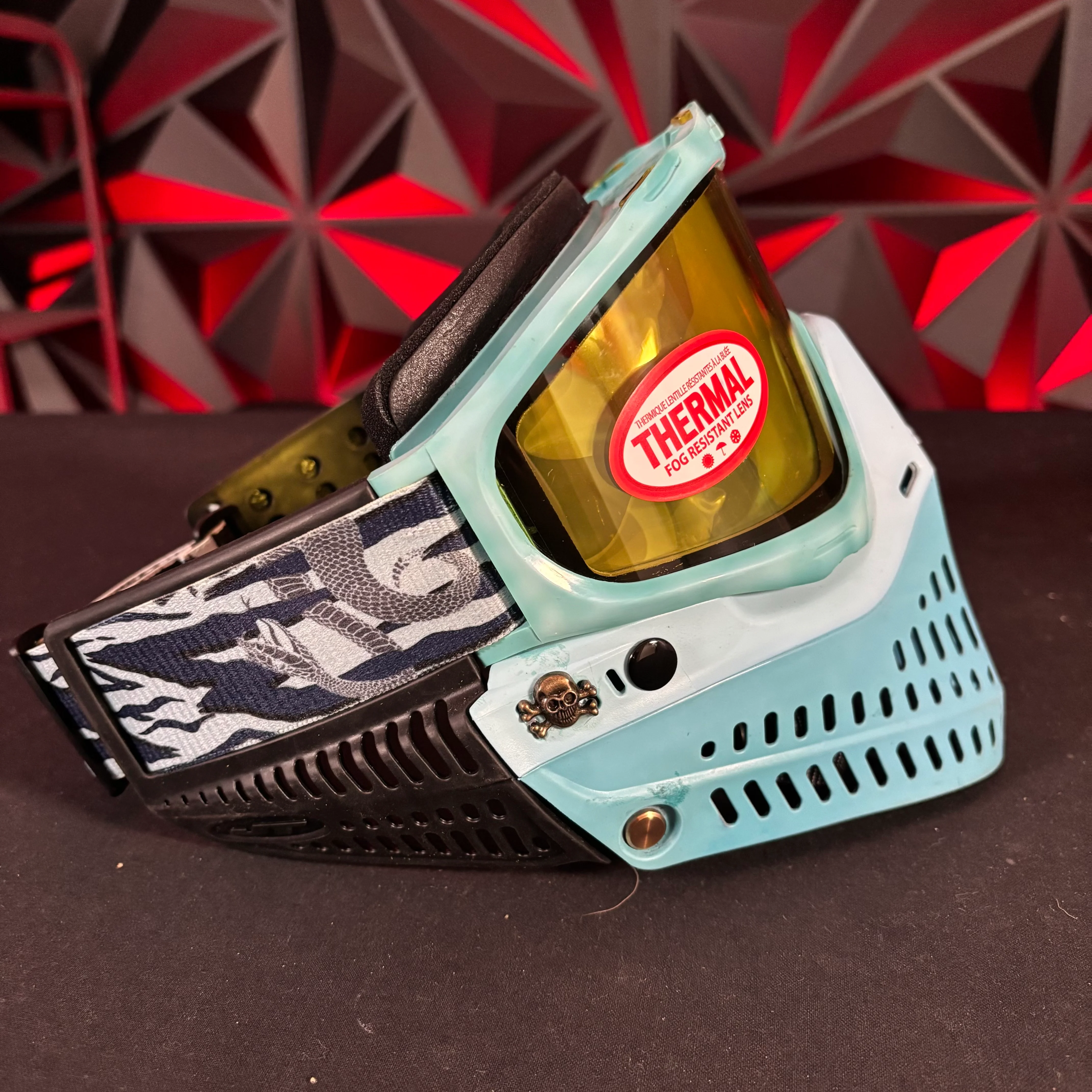 Used JT Proflex Paintball Mask - Blue tie die /w Light blue skirt and black ears *Custom* - Image 3