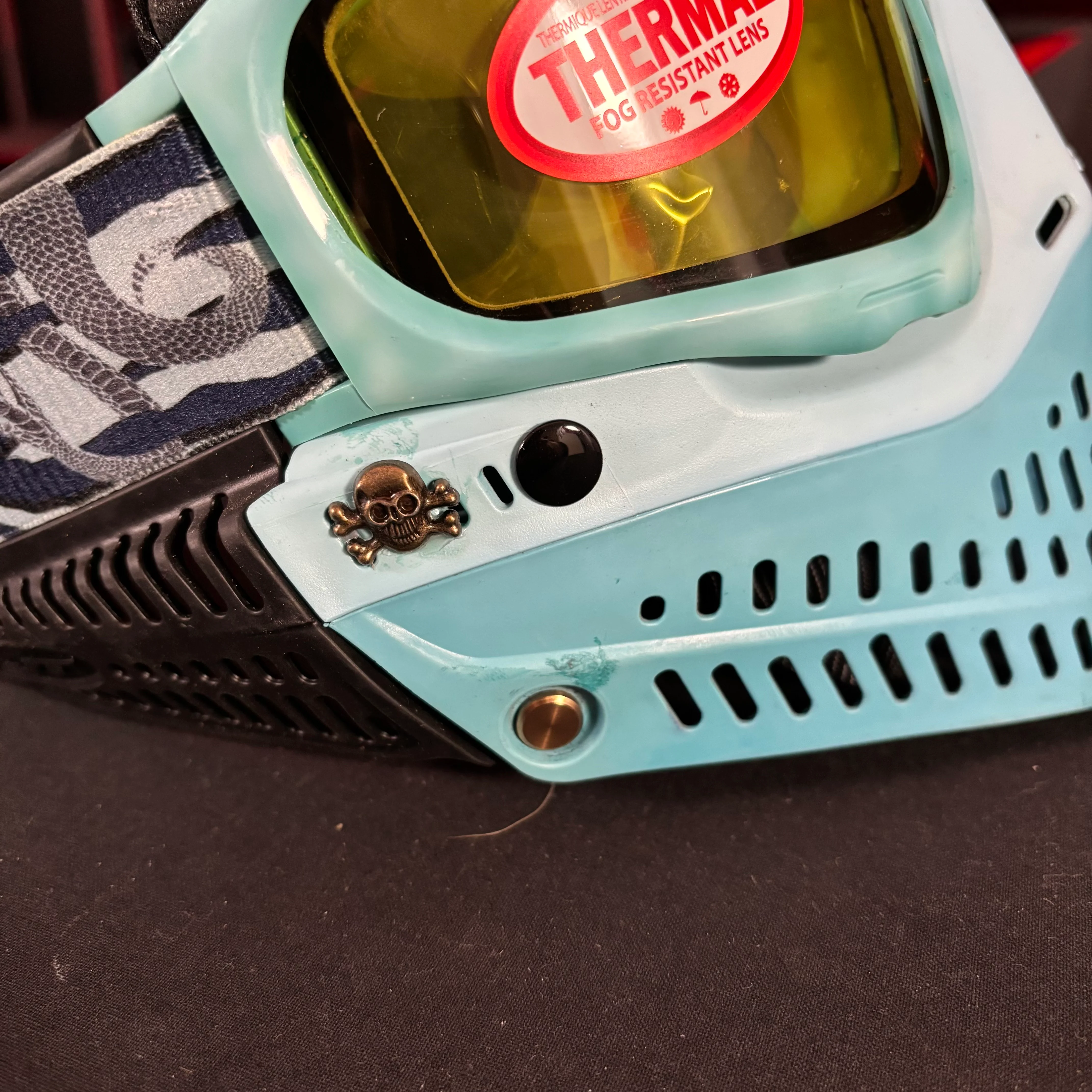 Used JT Proflex Paintball Mask - Blue tie die /w Light blue skirt and black ears *Custom* - Image 4
