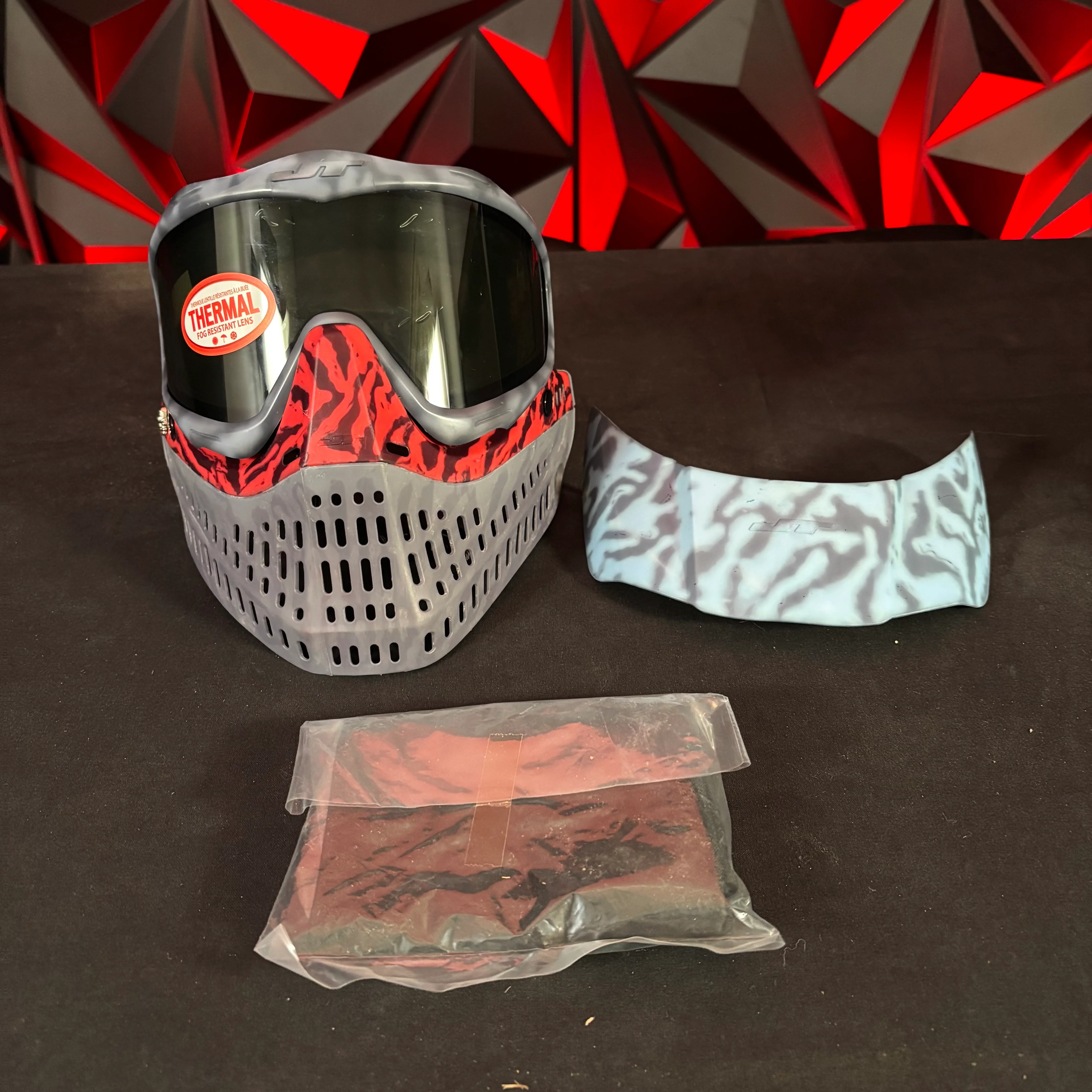 Used JT Proflex Paintball Mask - Custom # 23 Dark grey/ light grey Tie Dye Frame /w Grey to red Tiger stripe bottom and Tiger stripe ears *Custom*