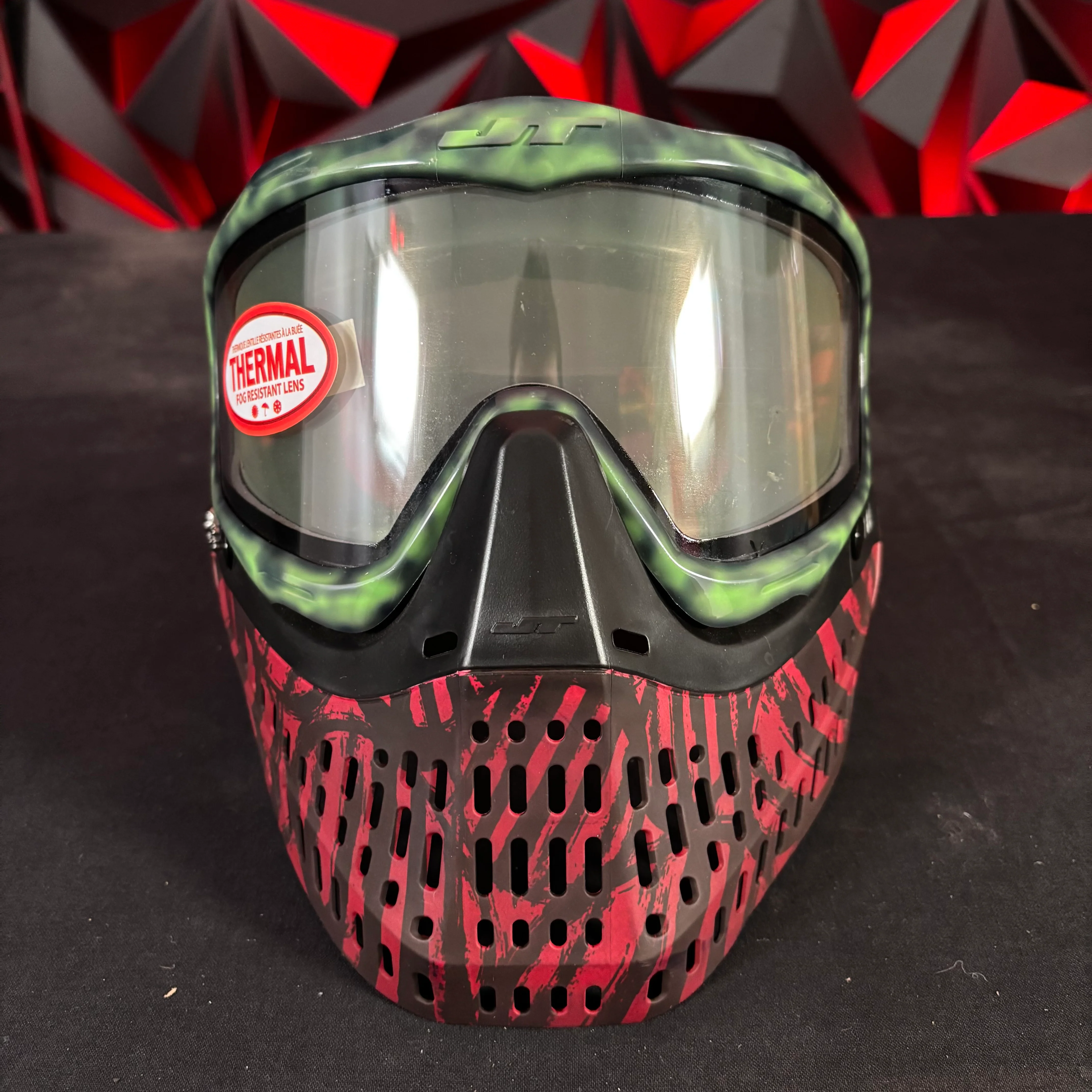 Used JT Proflex Paintball Mask - Custom # 16 Green to black Tie dye Frame /w Red tiger stripe bottoms and red ears *Custom* - Image 2