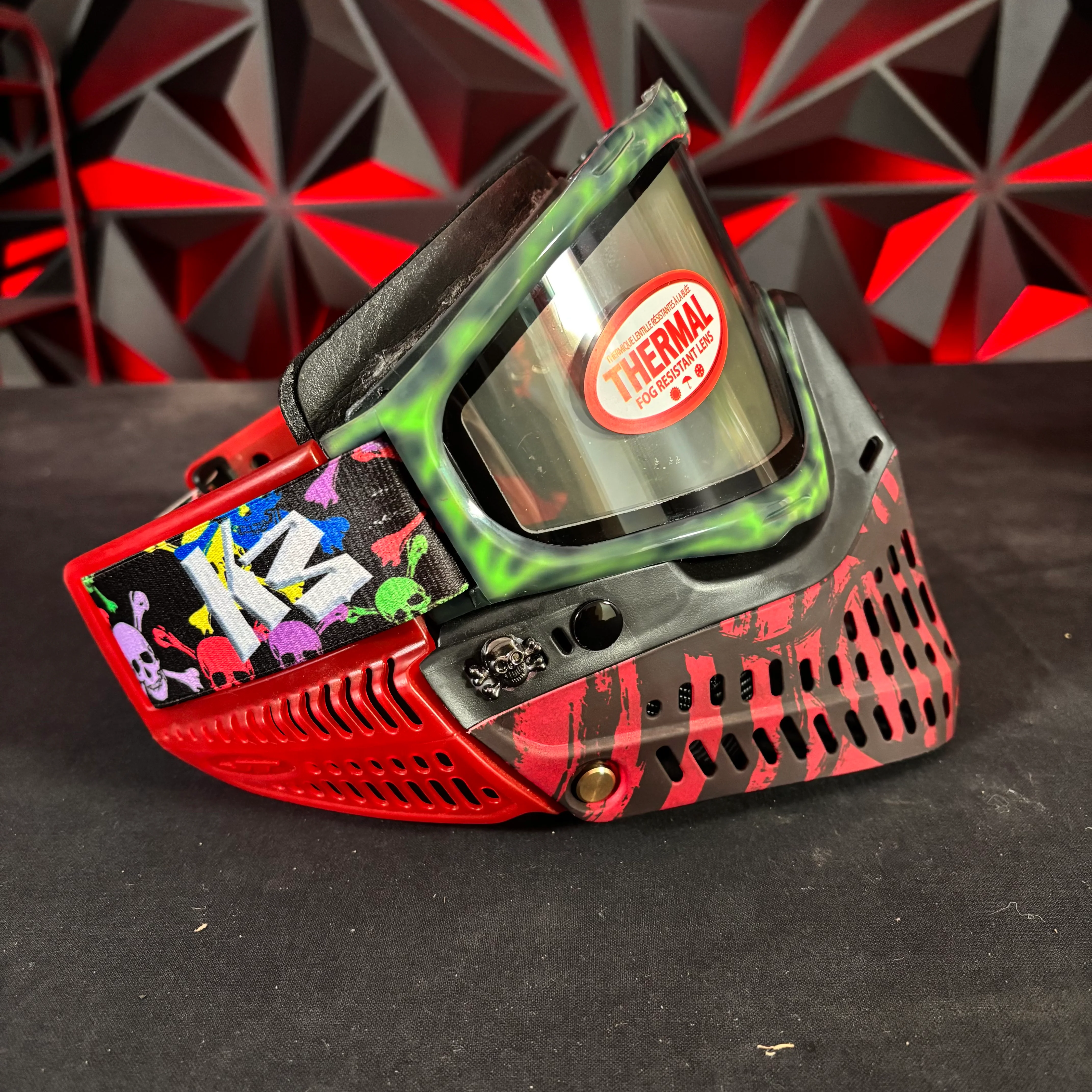 Used JT Proflex Paintball Mask - Custom # 16 Green to black Tie dye Frame /w Red tiger stripe bottoms and red ears *Custom* - Image 3
