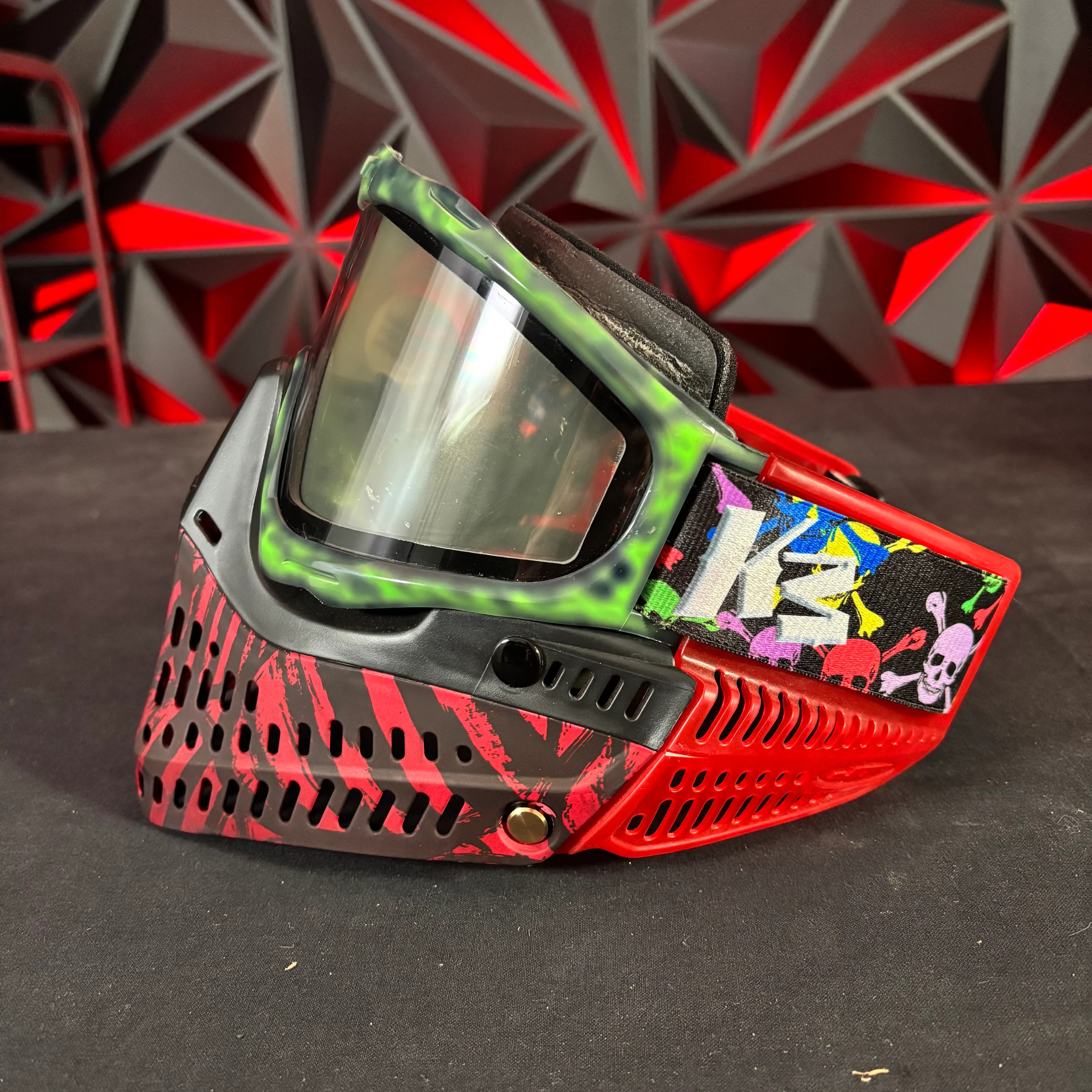 Used JT Proflex Paintball Mask - Custom # 16 Green to black Tie dye Frame /w Red tiger stripe bottoms and red ears *Custom* - Image 5
