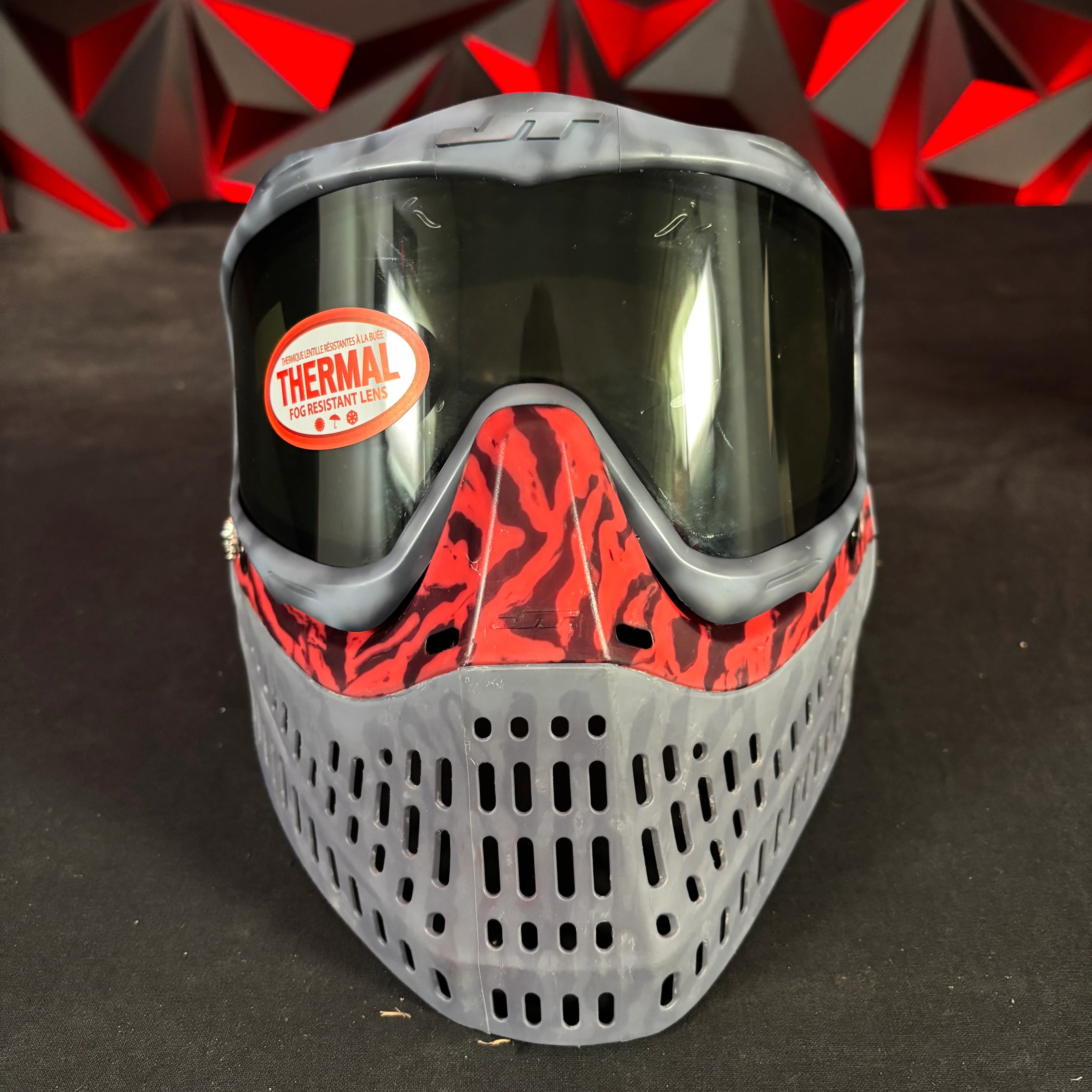Used JT Proflex Paintball Mask - Custom # 23 Dark grey/ light grey Tie Dye Frame /w Grey to red Tiger stripe bottom and Tiger stripe ears *Custom* - Image 2