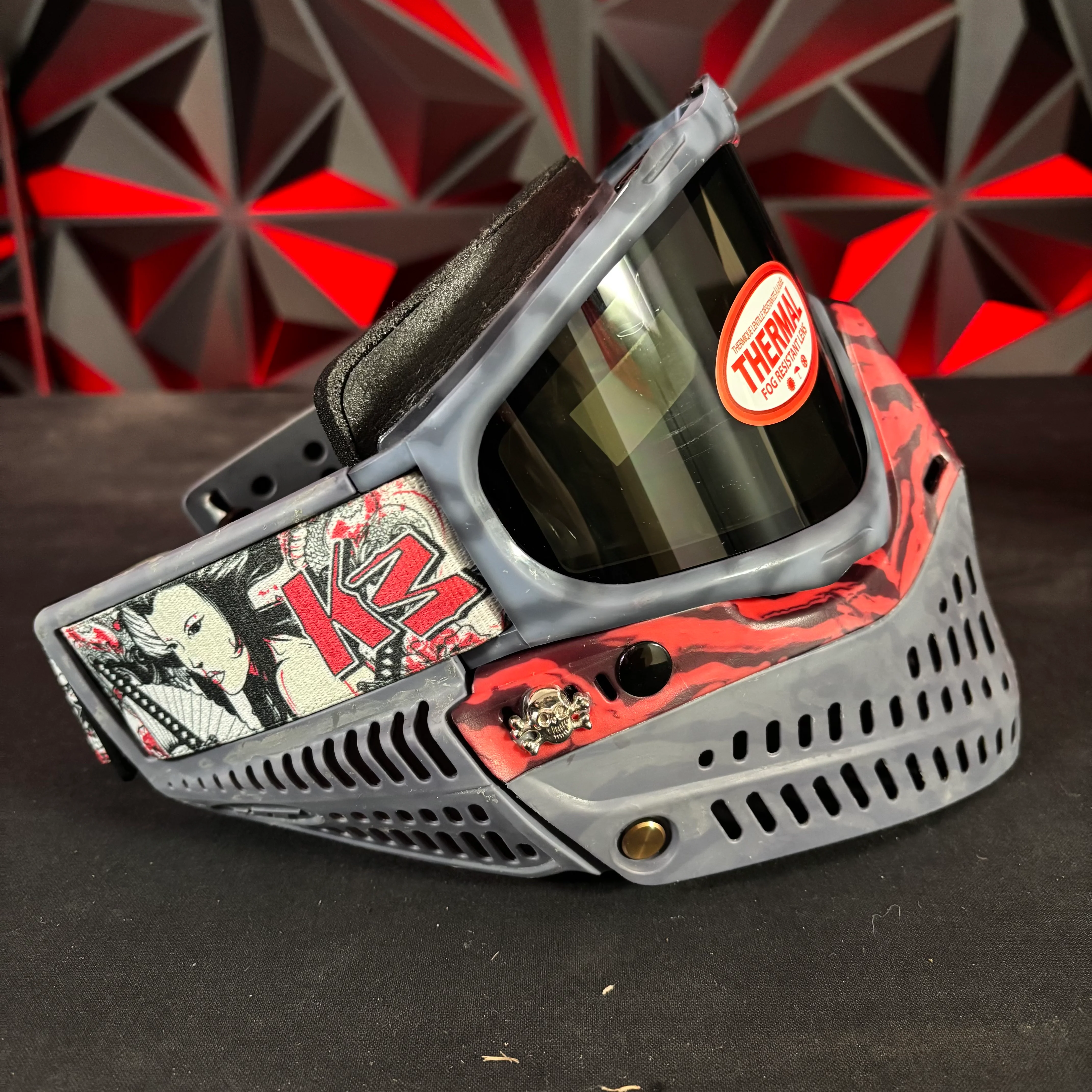 Used JT Proflex Paintball Mask - Custom # 23 Dark grey/ light grey Tie Dye Frame /w Grey to red Tiger stripe bottom and Tiger stripe ears *Custom* - Image 3