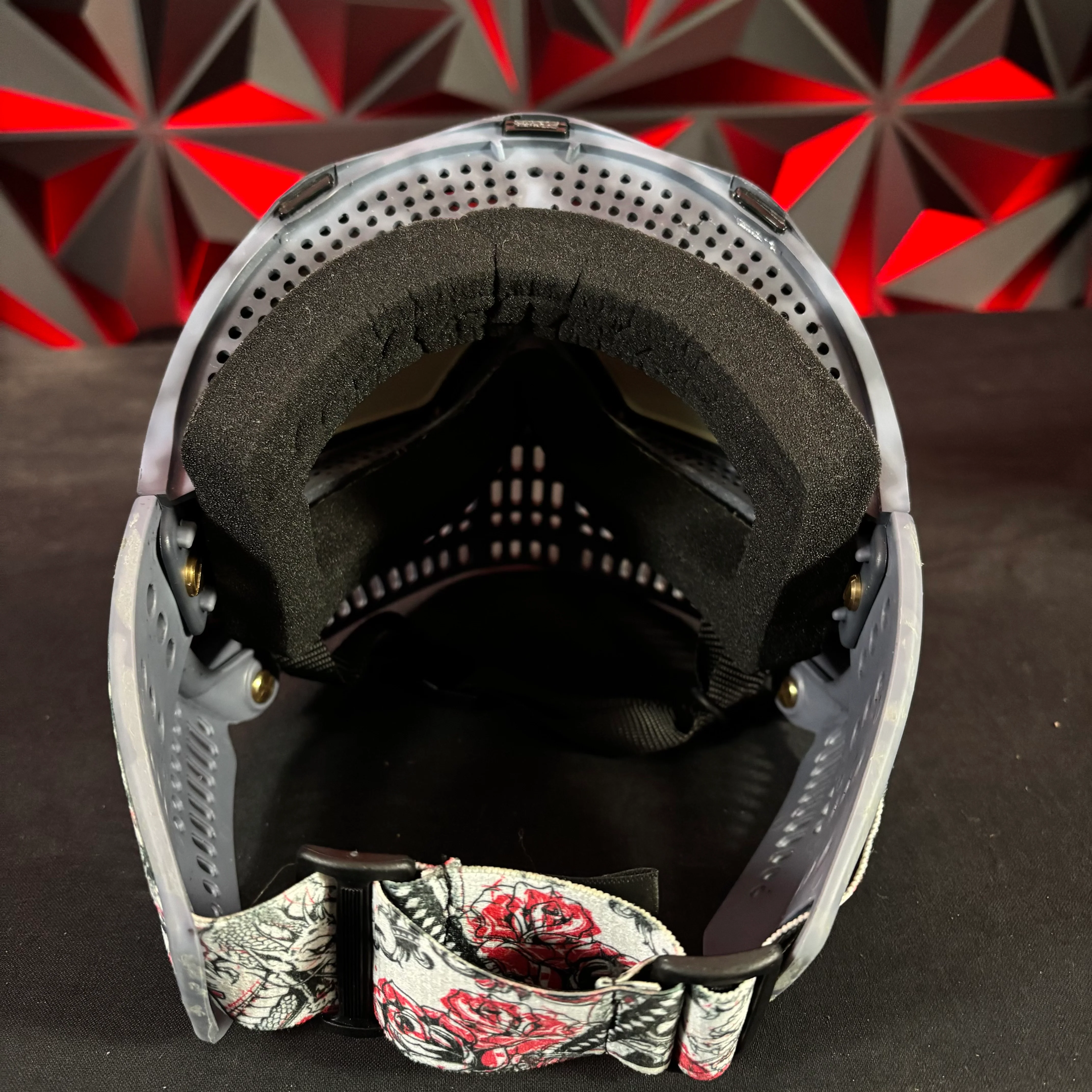 Used JT Proflex Paintball Mask - Custom # 23 Dark grey/ light grey Tie Dye Frame /w Grey to red Tiger stripe bottom and Tiger stripe ears *Custom* - Image 4