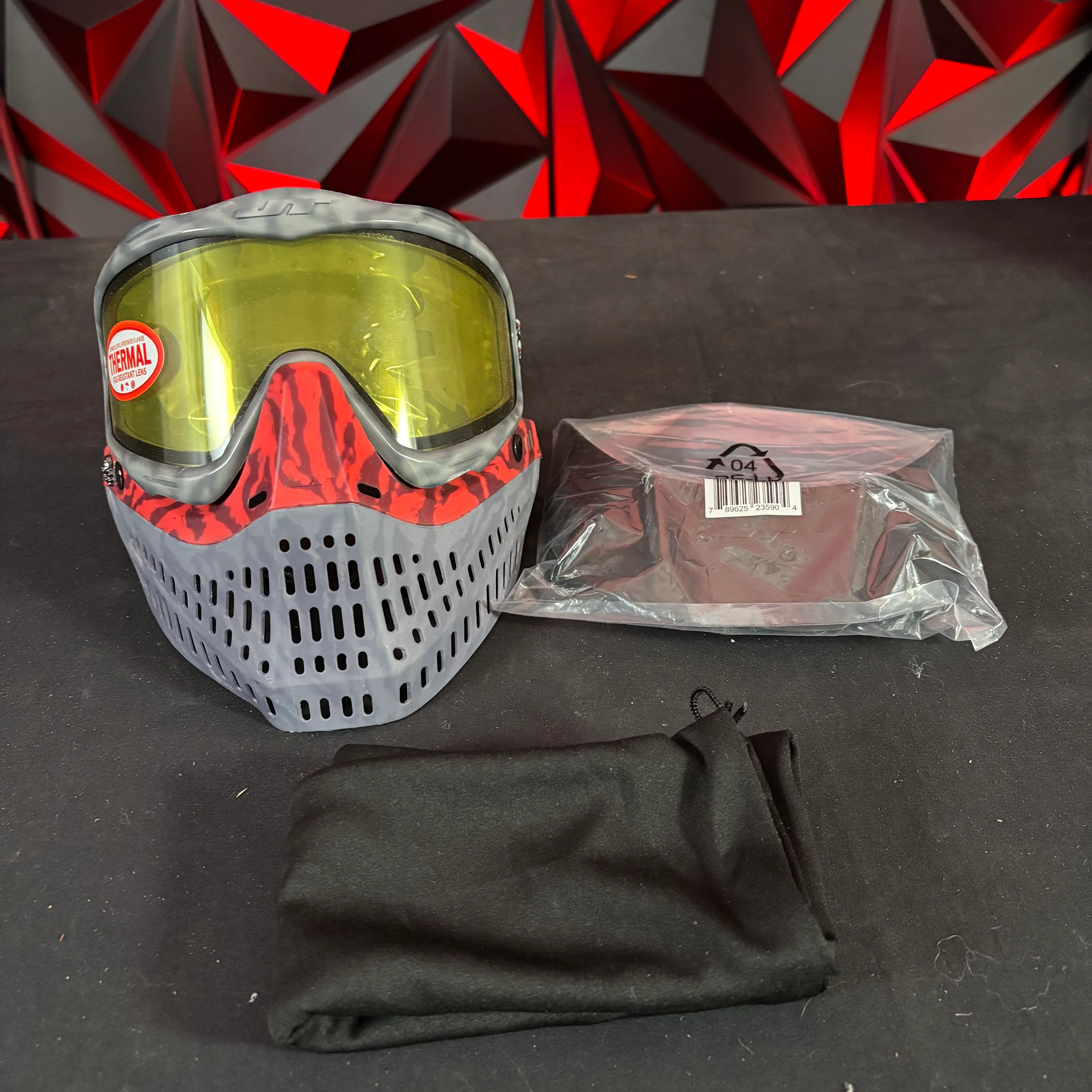 Used JT Proflex Paintball Mask - Custom #18 Grey Tie dye Frame /w Grey to red tiger stripe Bottoms and grey tiger stripe ears *Custom*