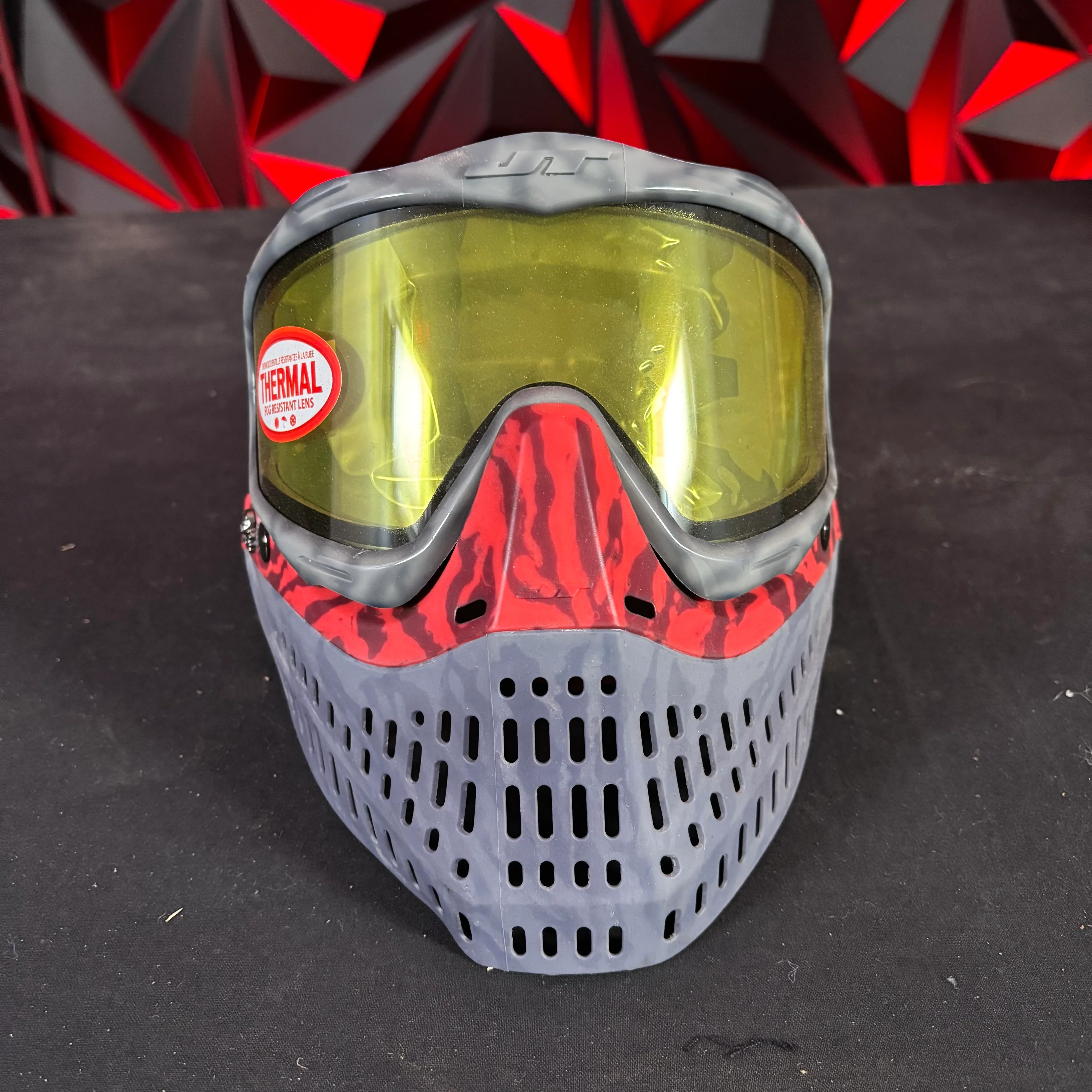 Used JT Proflex Paintball Mask - Custom #18 Grey Tie dye Frame /w Grey to red tiger stripe Bottoms and grey tiger stripe ears *Custom* - Image 2