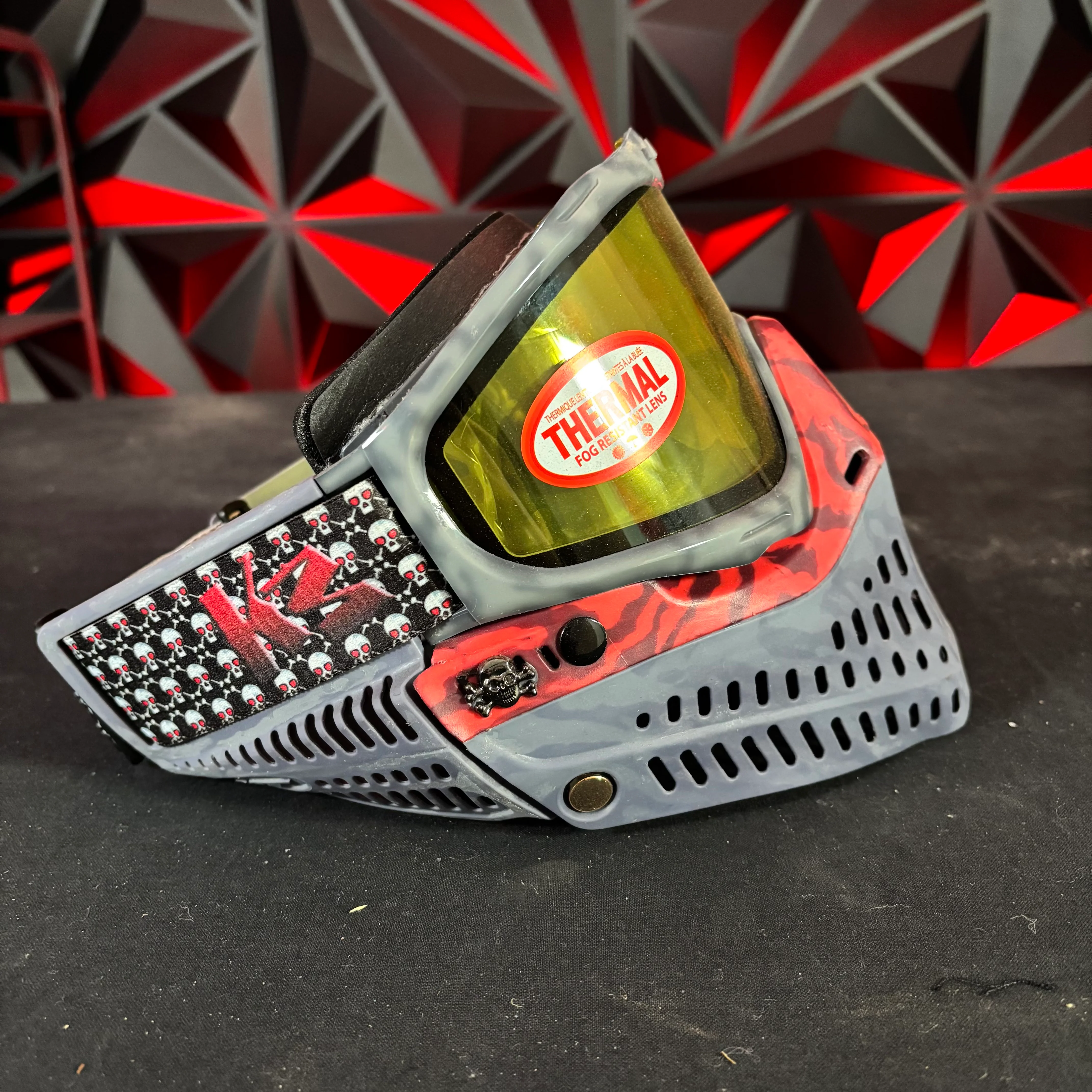 Used JT Proflex Paintball Mask - Custom #18 Grey Tie dye Frame /w Grey to red tiger stripe Bottoms and grey tiger stripe ears *Custom* - Image 3