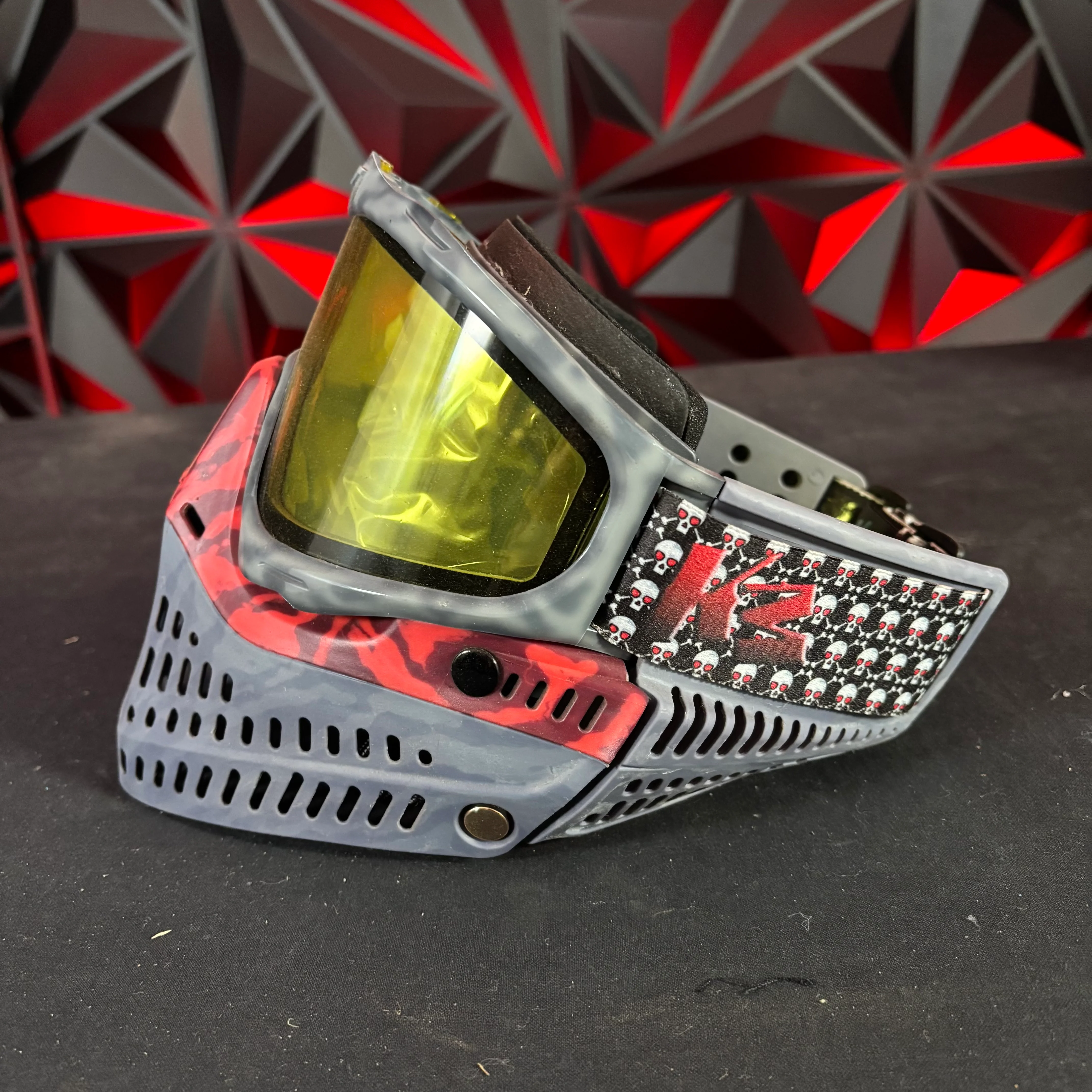 Used JT Proflex Paintball Mask - Custom #18 Grey Tie dye Frame /w Grey to red tiger stripe Bottoms and grey tiger stripe ears *Custom* - Image 6
