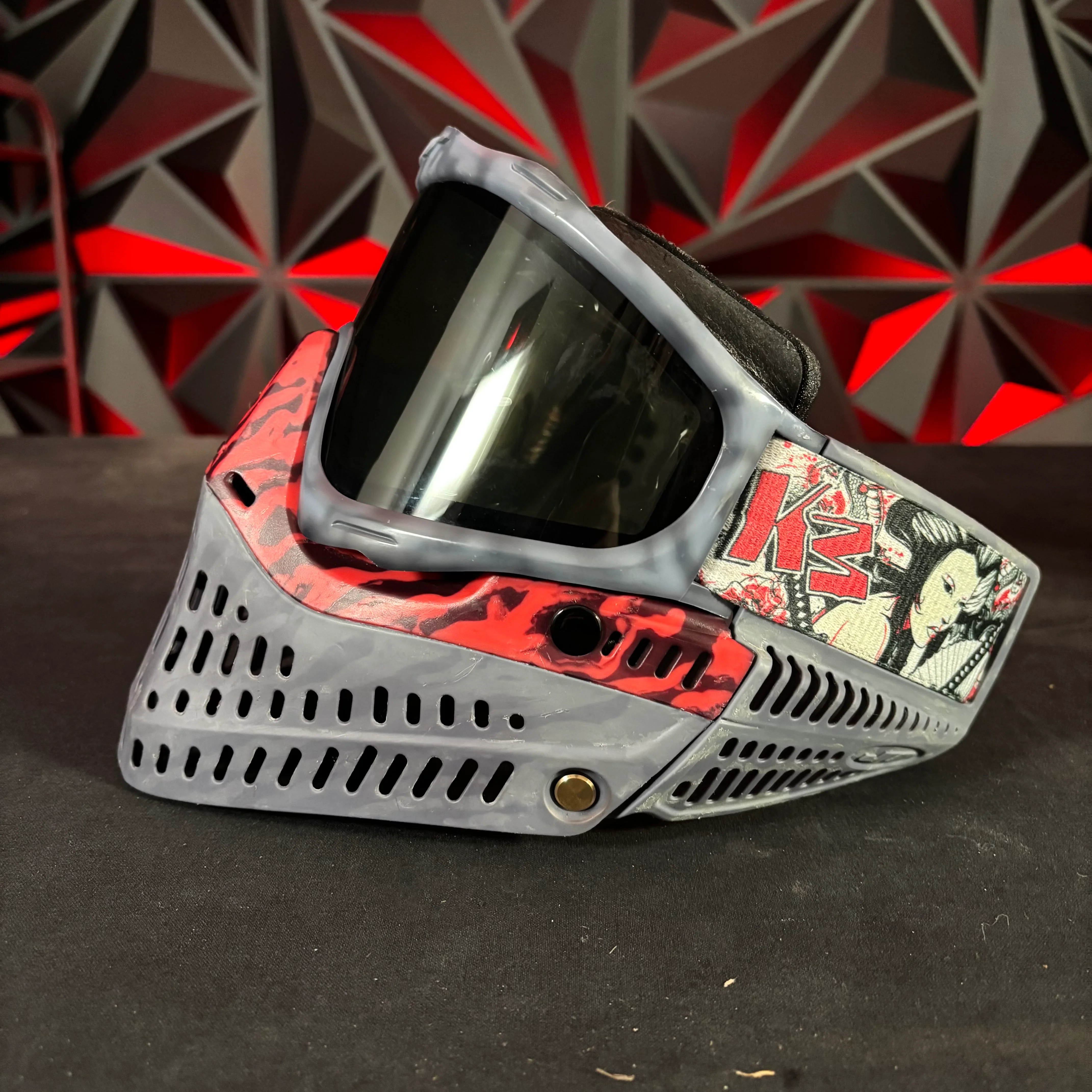 Used JT Proflex Paintball Mask - Custom # 23 Dark grey/ light grey Tie Dye Frame /w Grey to red Tiger stripe bottom and Tiger stripe ears *Custom* - Image 6