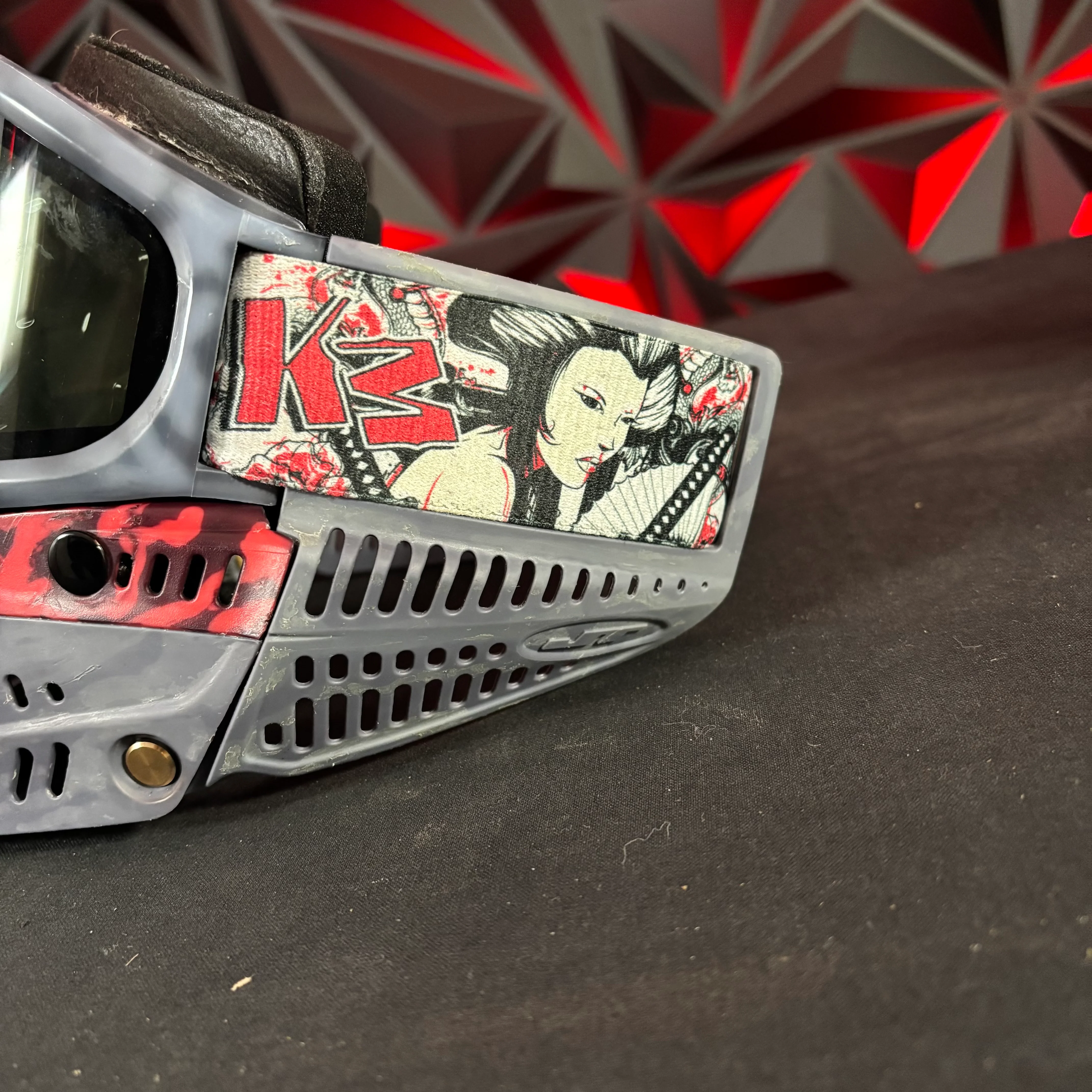 Used JT Proflex Paintball Mask - Custom # 23 Dark grey/ light grey Tie Dye Frame /w Grey to red Tiger stripe bottom and Tiger stripe ears *Custom* - Image 7