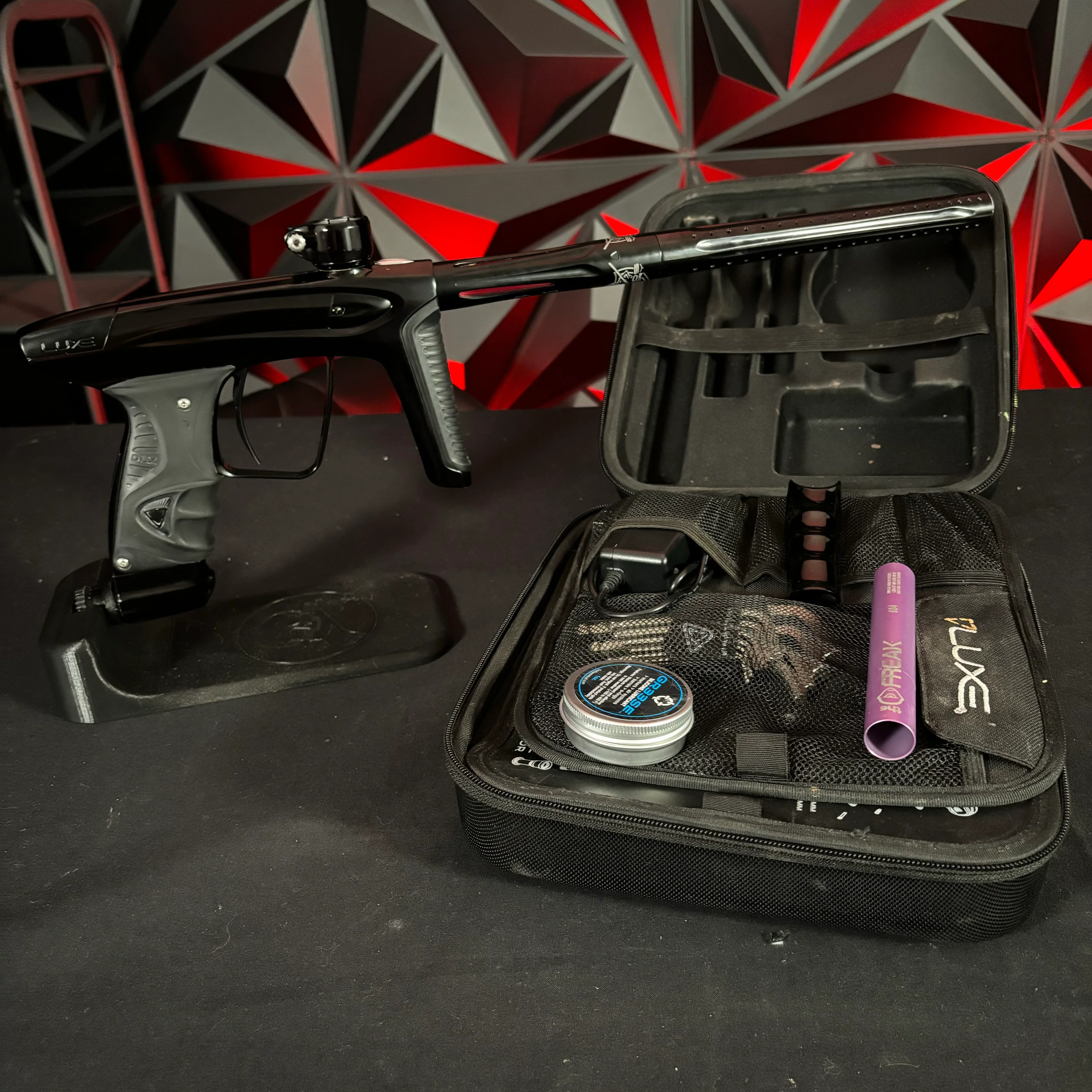 Used Luxe ICE Paintball Gun - Polished Black/Dust Black w/ Custom "Chaos Theory" Engraving to Barrel Back