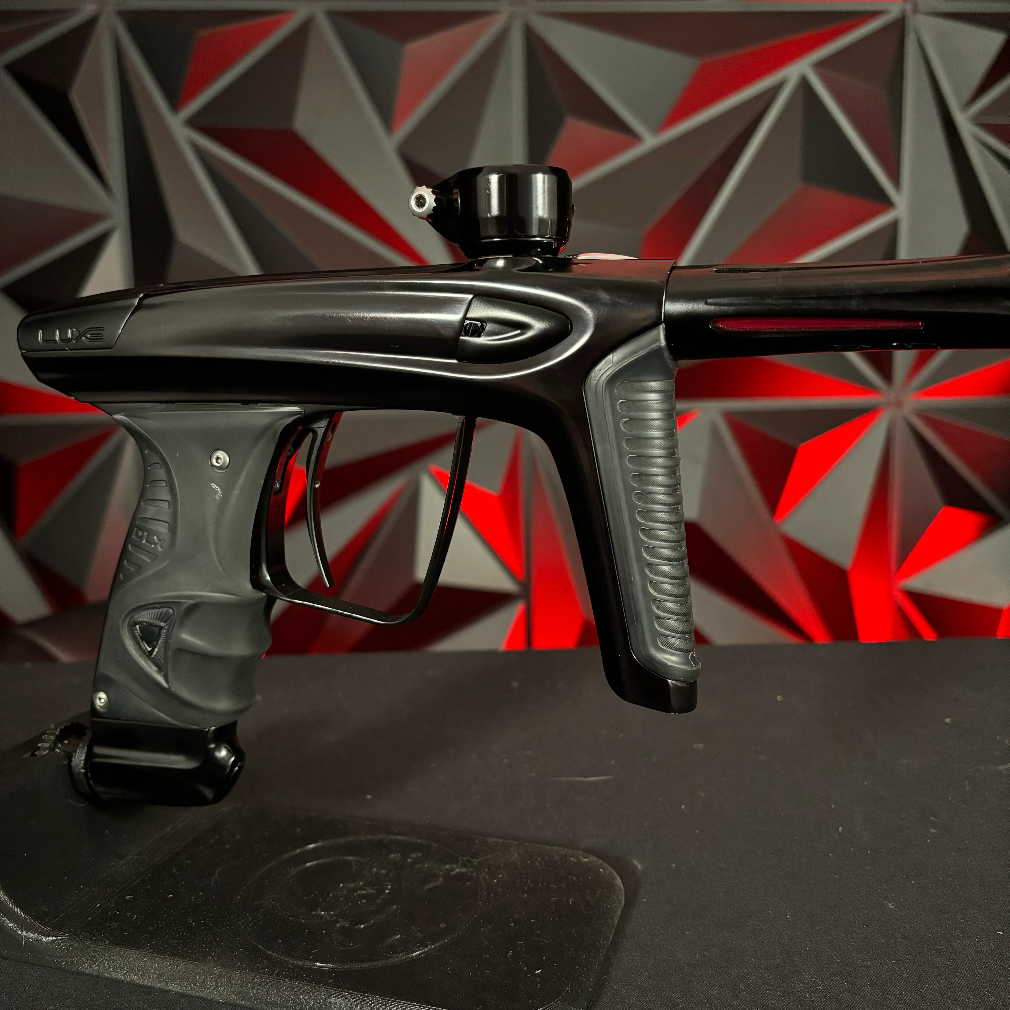 Used Luxe ICE Paintball Gun - Polished Black/Dust Black w/ Custom "Chaos Theory" Engraving to Barrel Back - Image 4
