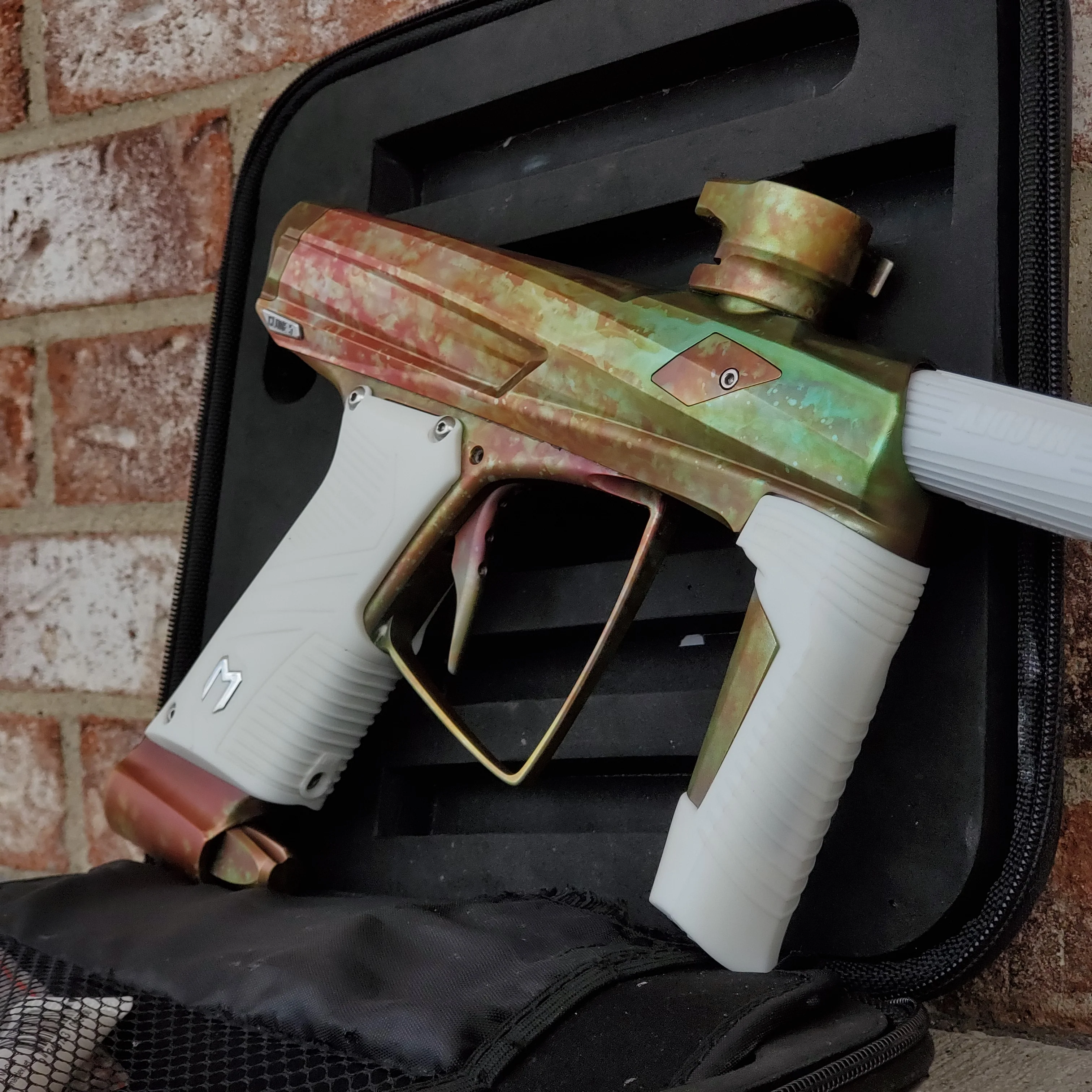 Used MacDev Clone 5 Paintball Gun - Red / Green Fire Fade - Image 2