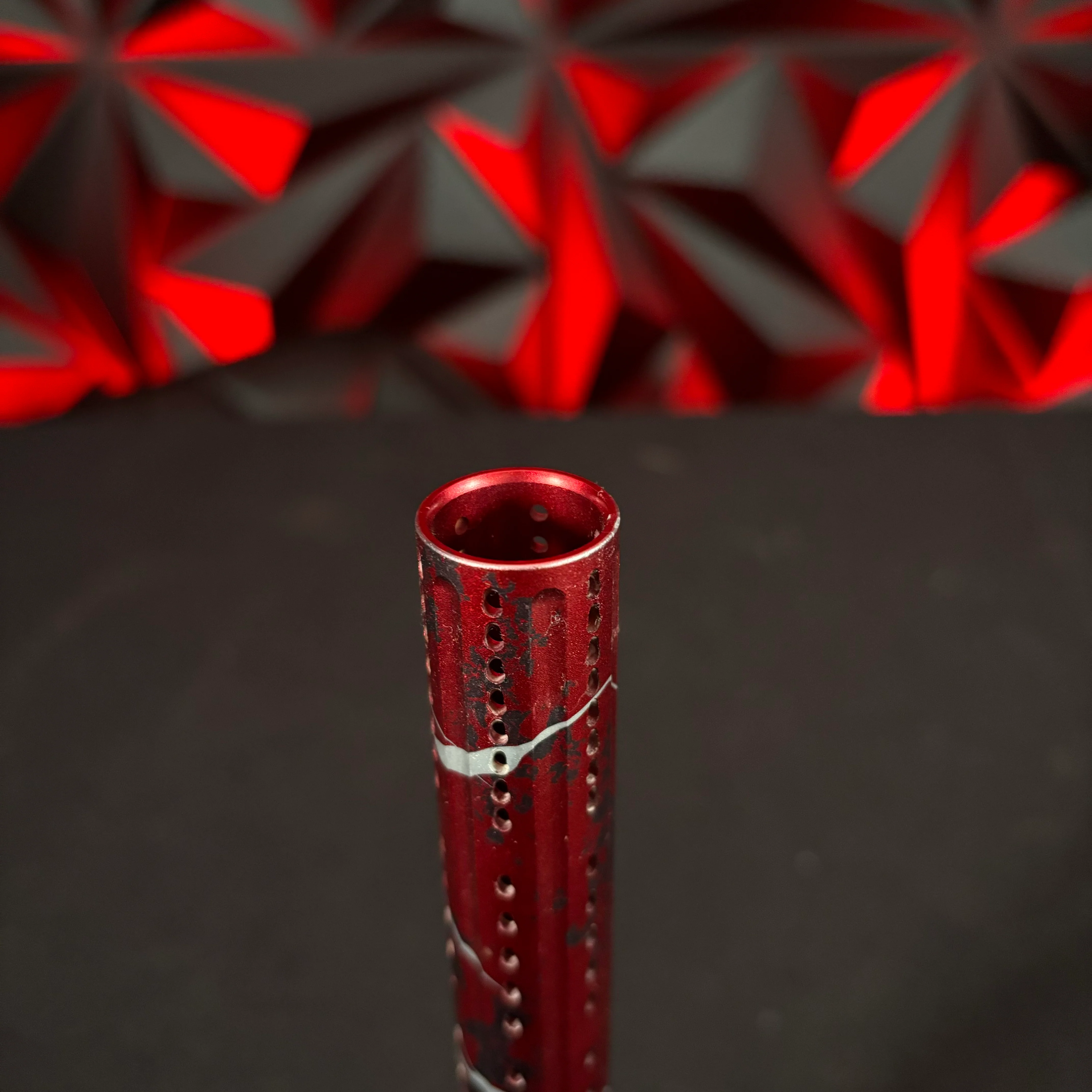 Used Parabolic UL Paintball Barrel Tip - Custom Dust Red/Pewter/White Splash - Image 2