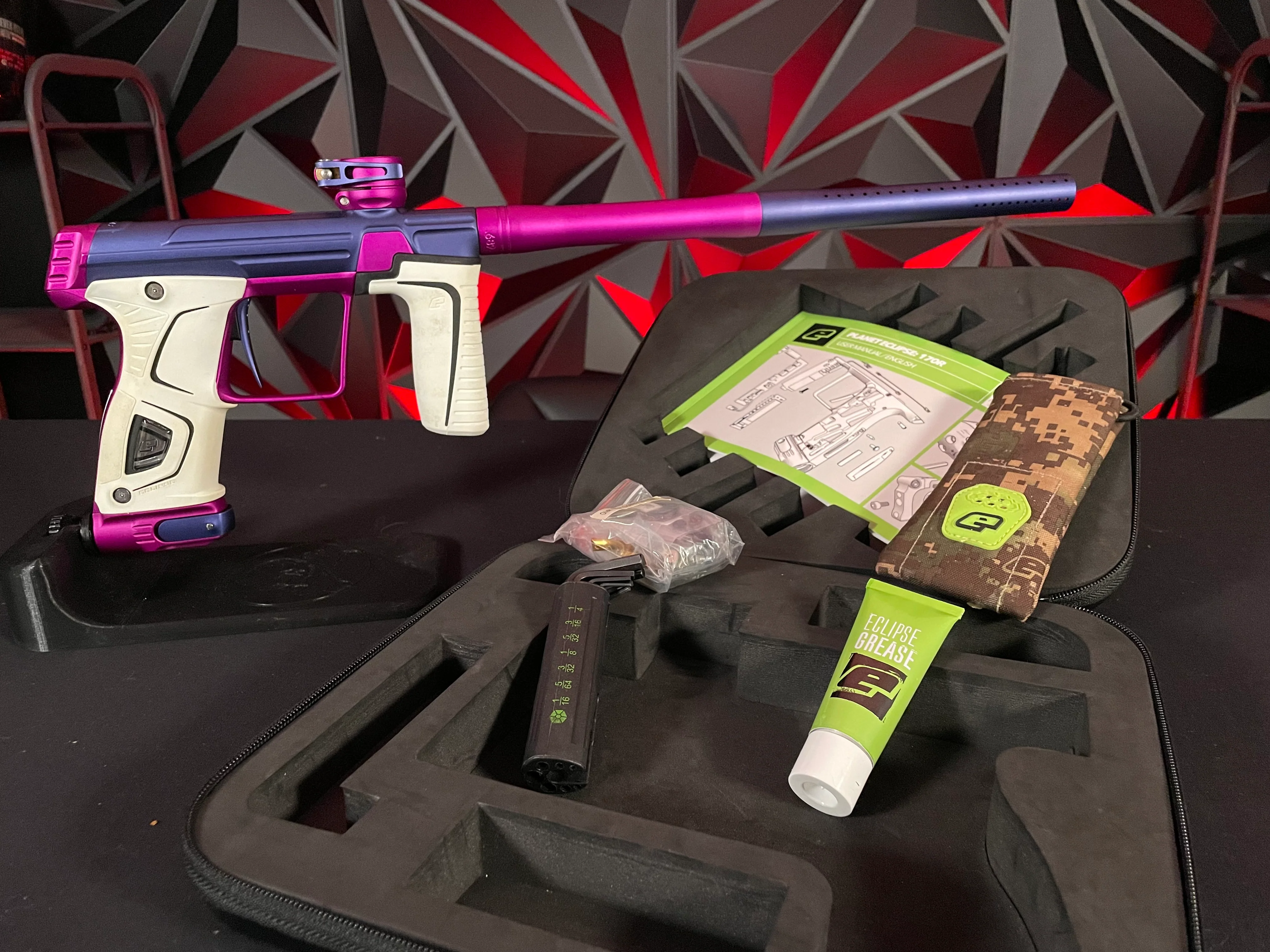 Used Planet Eclipse 170r Paintball Gun - Blue/Purple w/ Infamous Deuce Trigger & White Grip Kit - Image 7