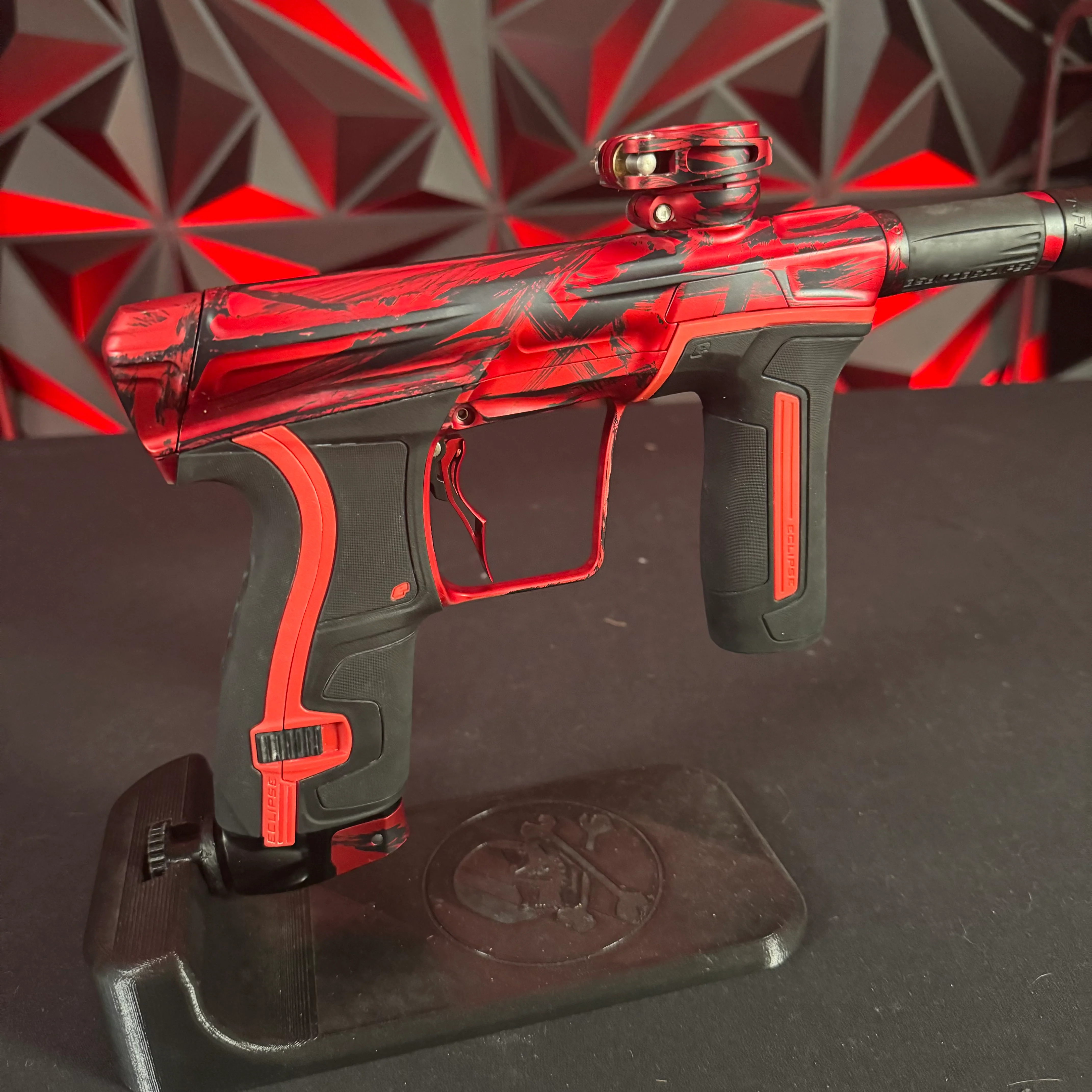 Used Planet Eclipse CS2 Paintball Gun - Custom Red/Pewter Scratch Anno w/ Infamous Deuce Trigger & 3 FL Backs - Image 2