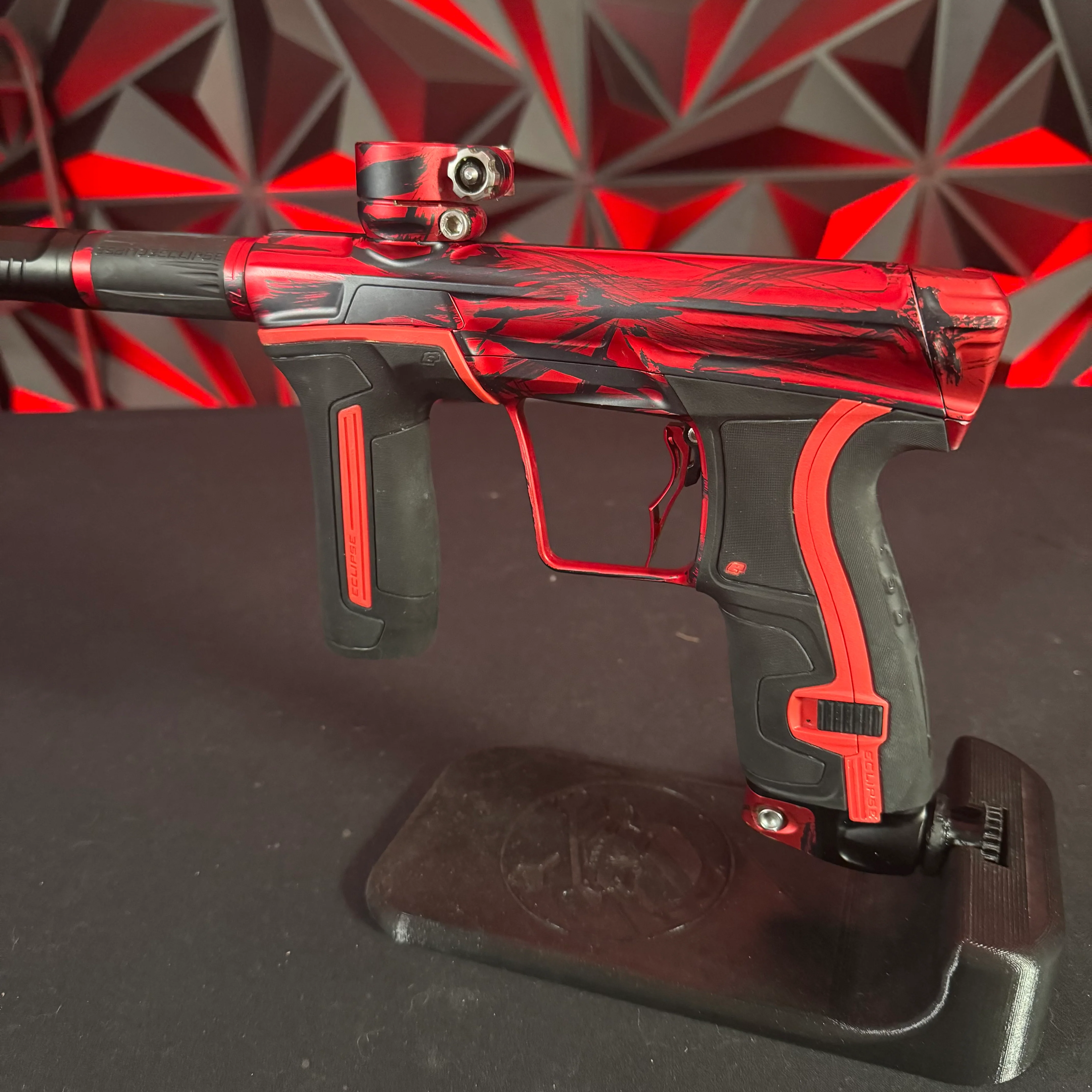 Used Planet Eclipse CS2 Paintball Gun - Custom Red/Pewter Scratch Anno w/ Infamous Deuce Trigger & 3 FL Backs - Image 3