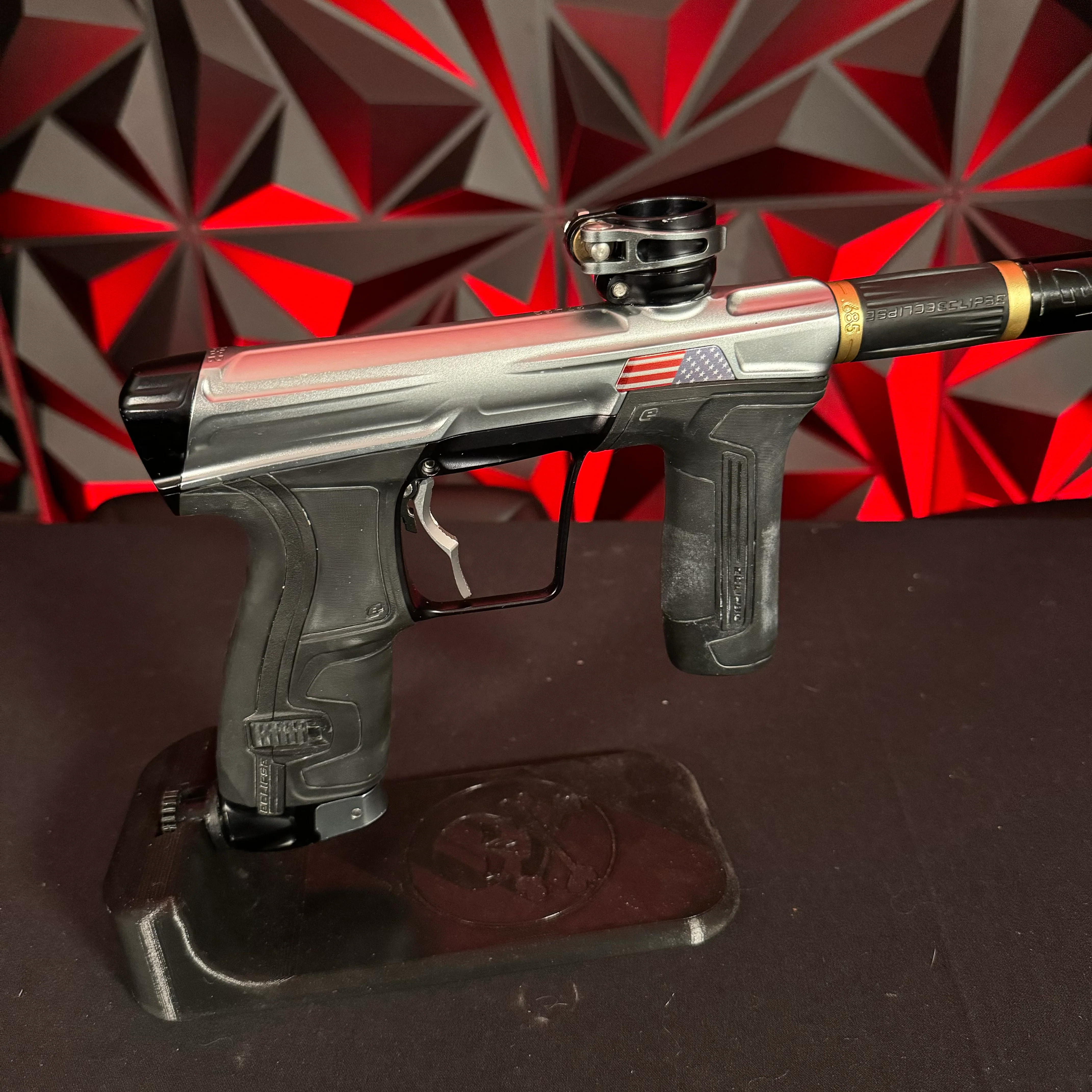 Used Planet Eclipse CS2 Paintball Gun - Silver/Black w/American Flag Eye Covers, Haptic Deuce Trigger - Image 2