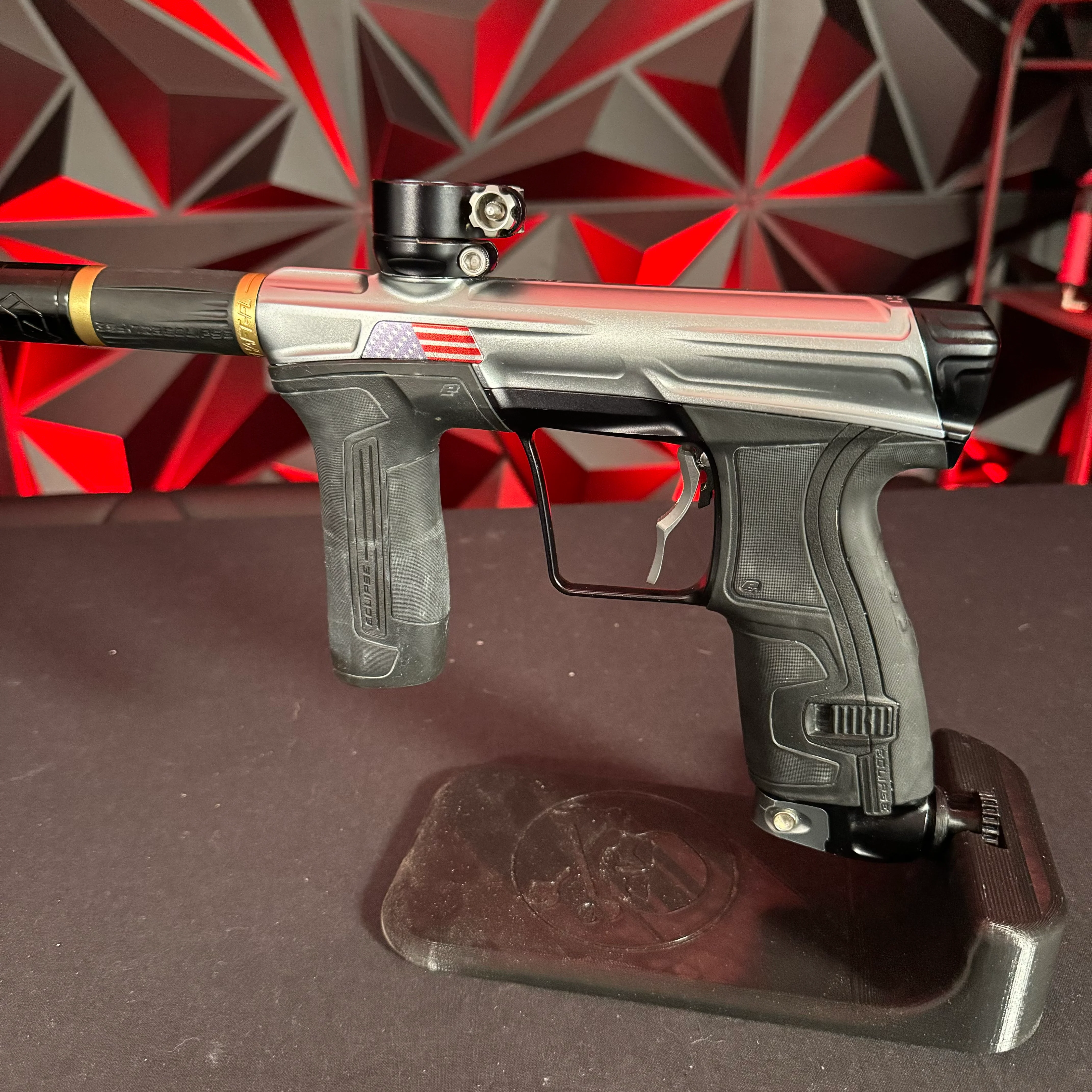 Used Planet Eclipse CS2 Paintball Gun - Silver/Black w/American Flag Eye Covers, Haptic Deuce Trigger - Image 3