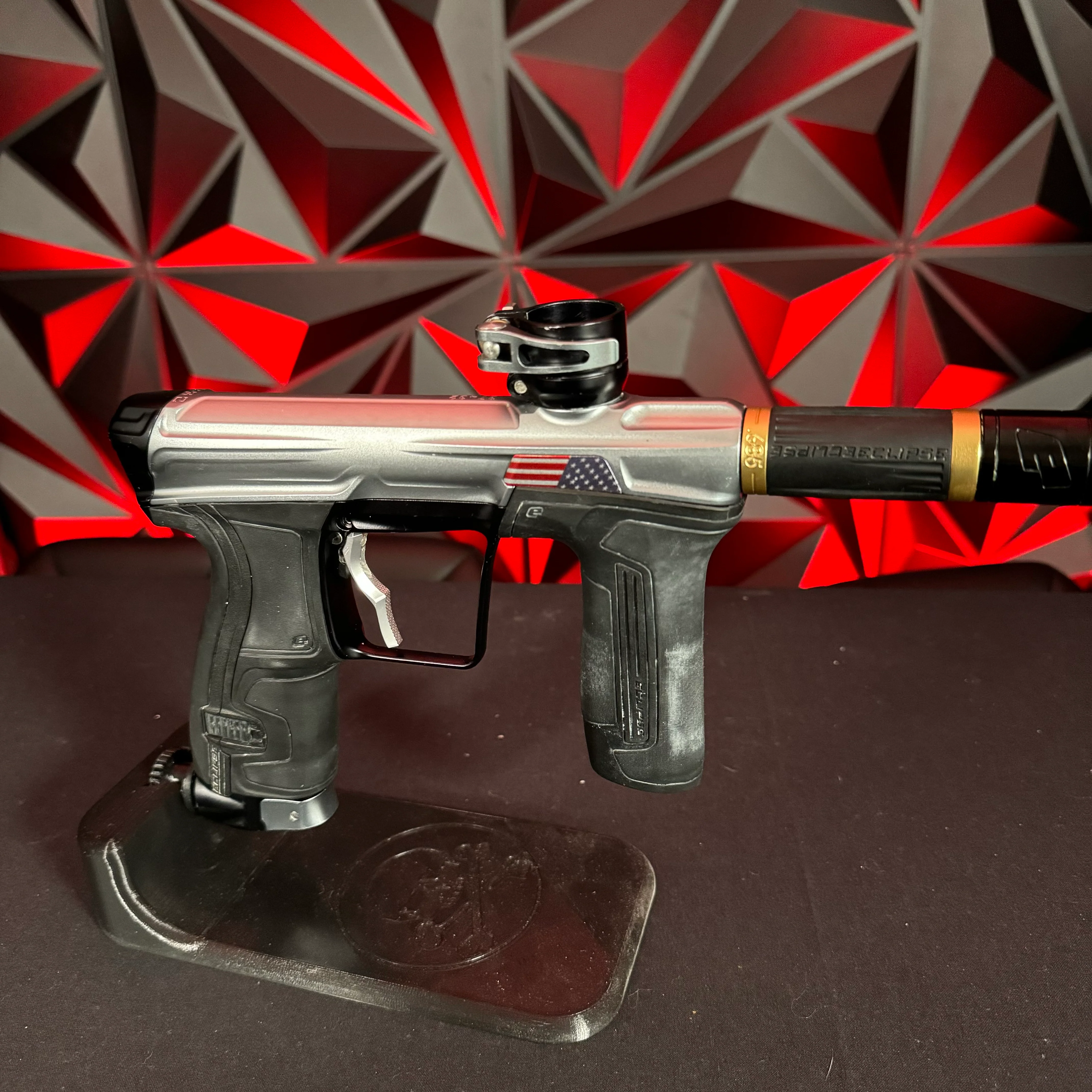 Used Planet Eclipse CS2 Paintball Gun - Silver/Black w/American Flag Eye Covers, Haptic Deuce Trigger - Image 4