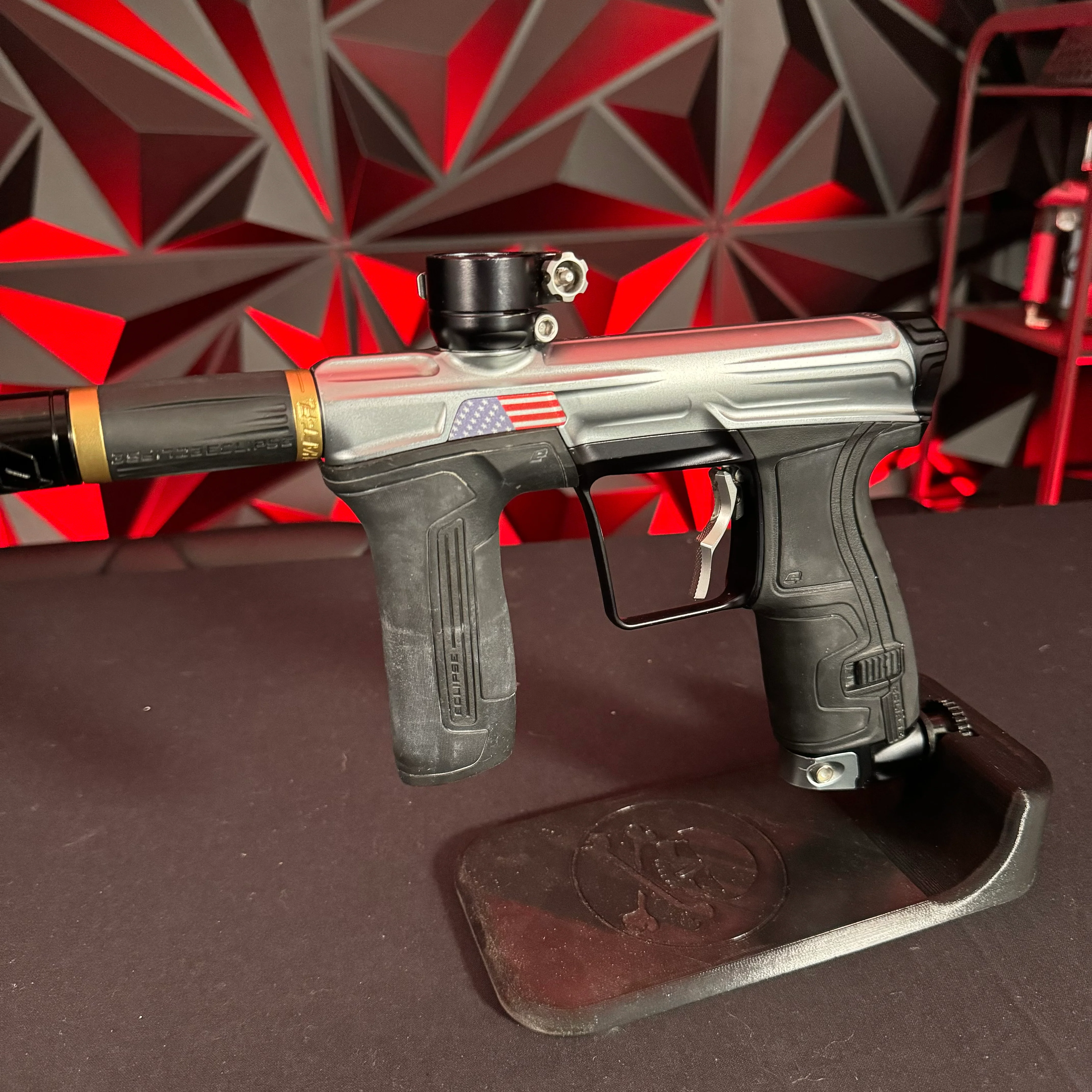 Used Planet Eclipse CS2 Paintball Gun - Silver/Black w/American Flag Eye Covers, Haptic Deuce Trigger - Image 5