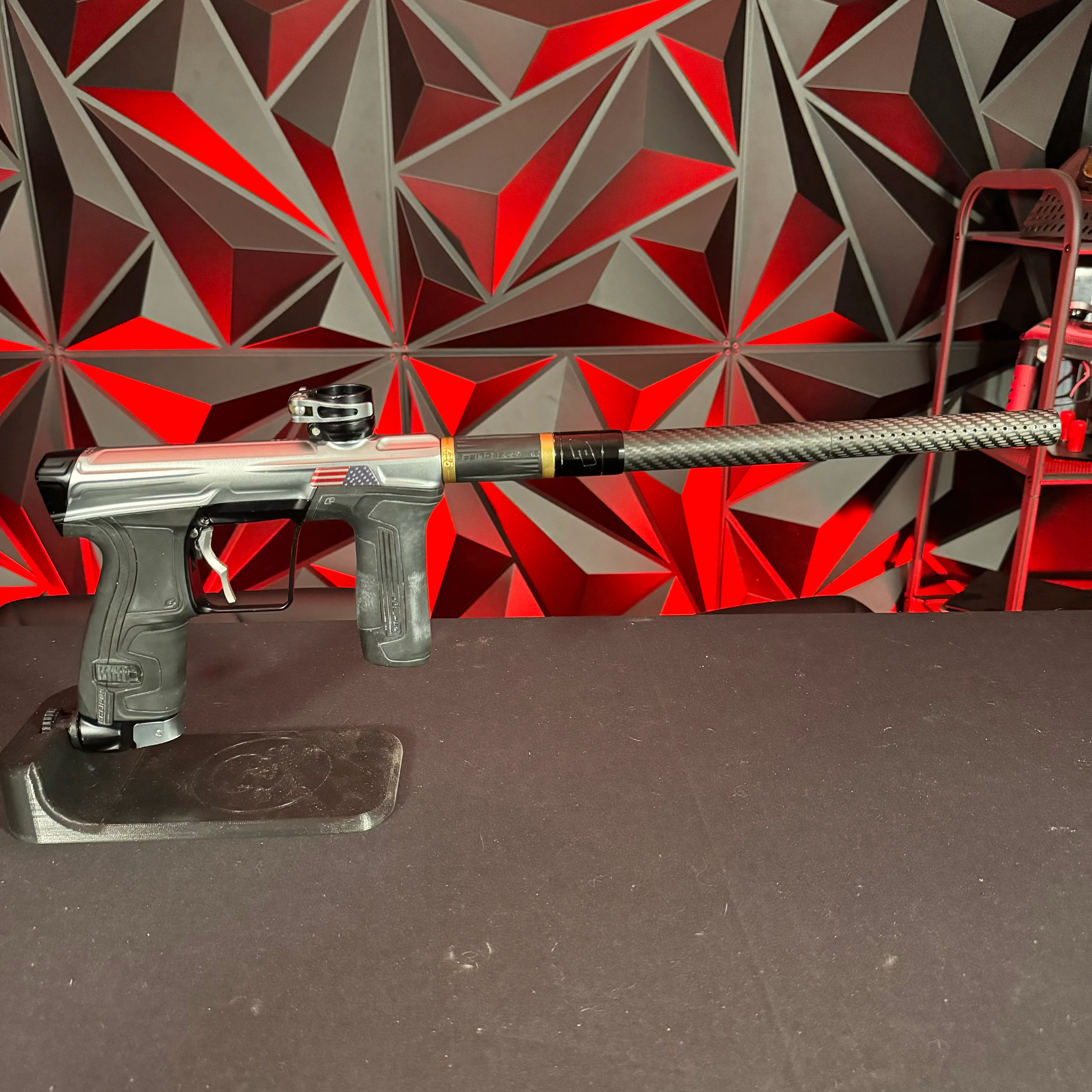 Used Planet Eclipse CS2 Paintball Gun - Silver/Black w/American Flag Eye Covers, Haptic Deuce Trigger - Image 6