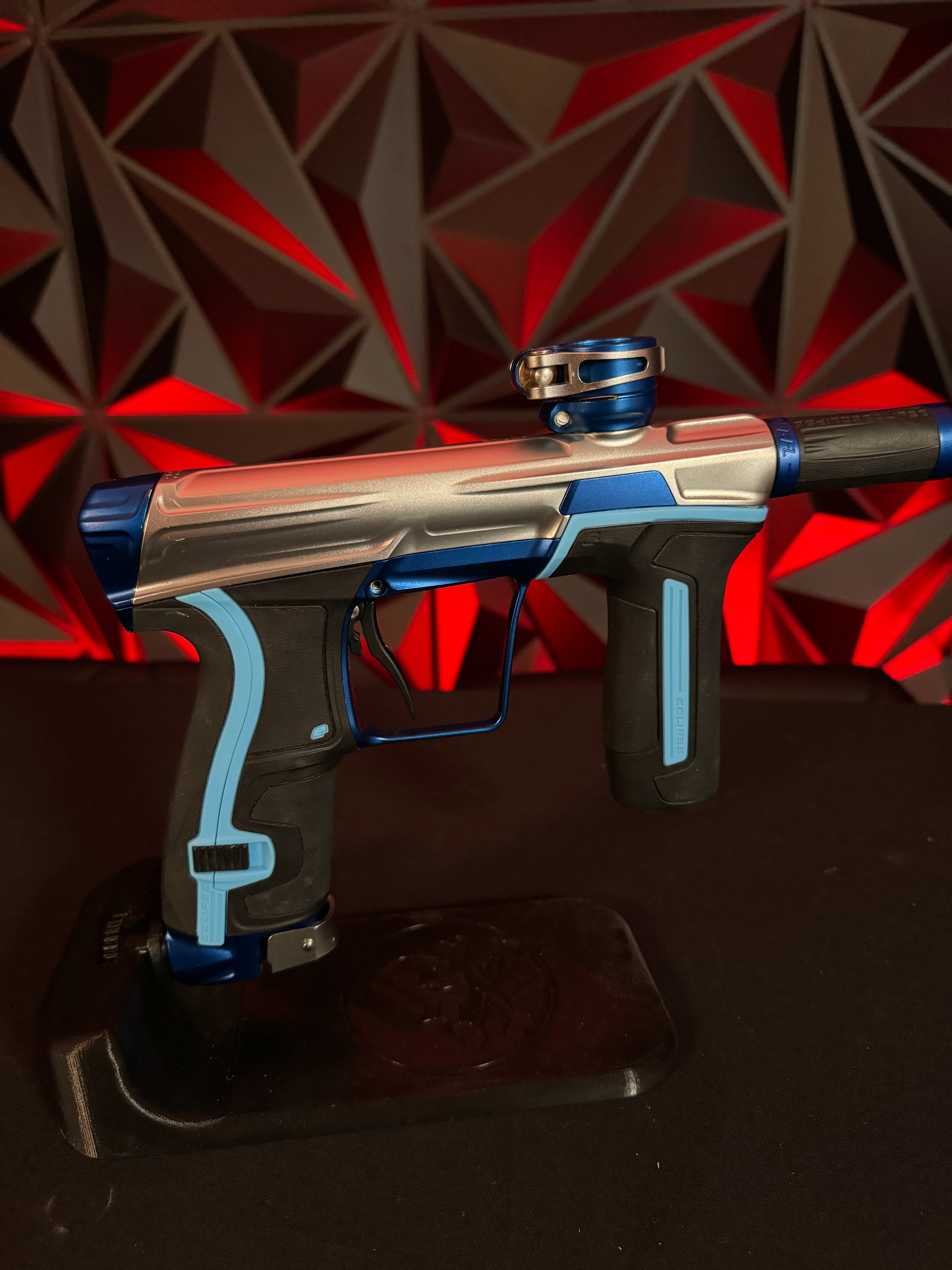 Used Planet Eclipse CS2 Paintball Gun - Silver/Blue w/Carbon Fiber FL Barrel, Scythe Trigger, Extra Set of Grip - Image 2
