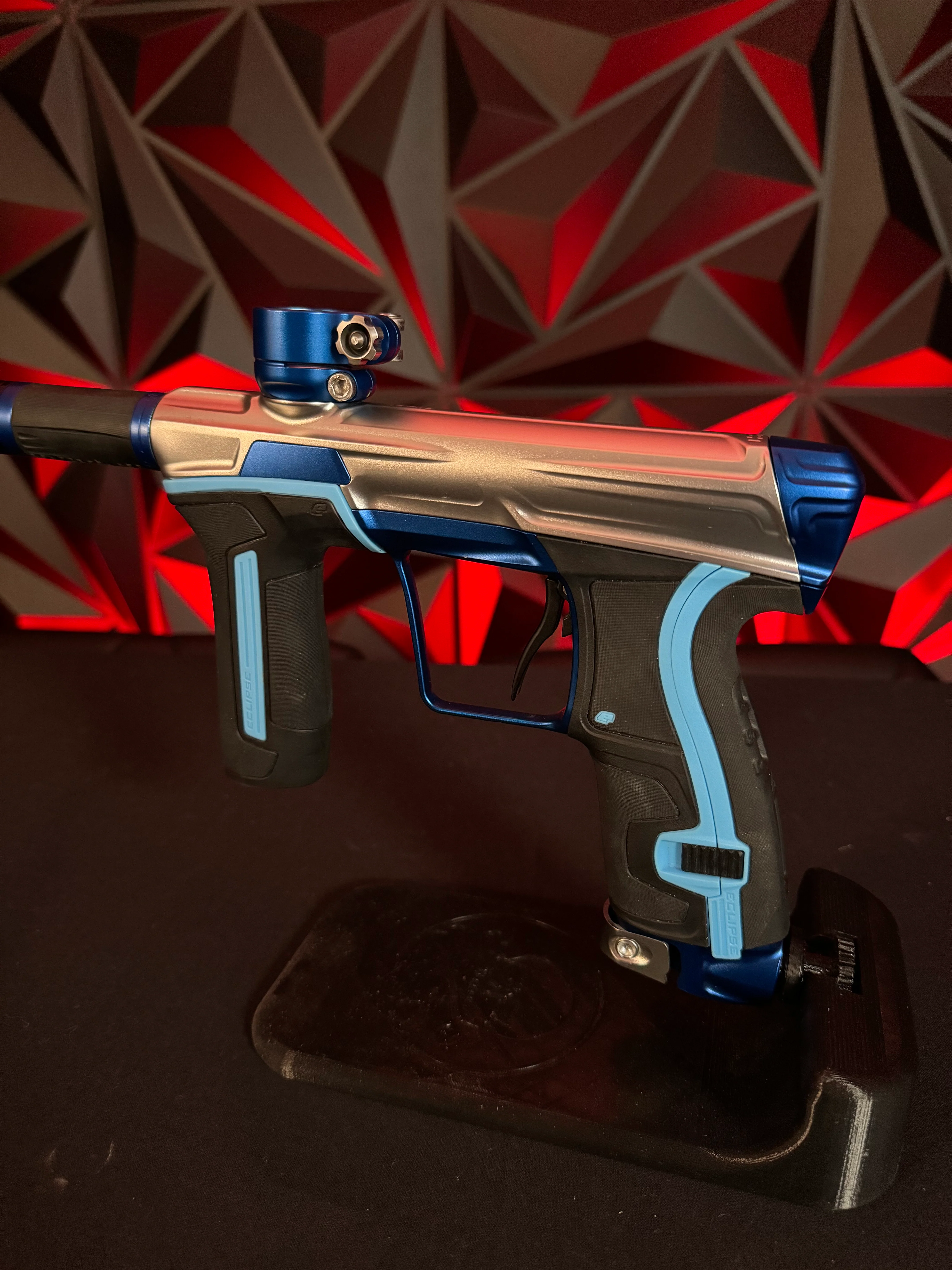 Used Planet Eclipse CS2 Paintball Gun - Silver/Blue w/Carbon Fiber FL Barrel, Scythe Trigger, Extra Set of Grip - Image 3
