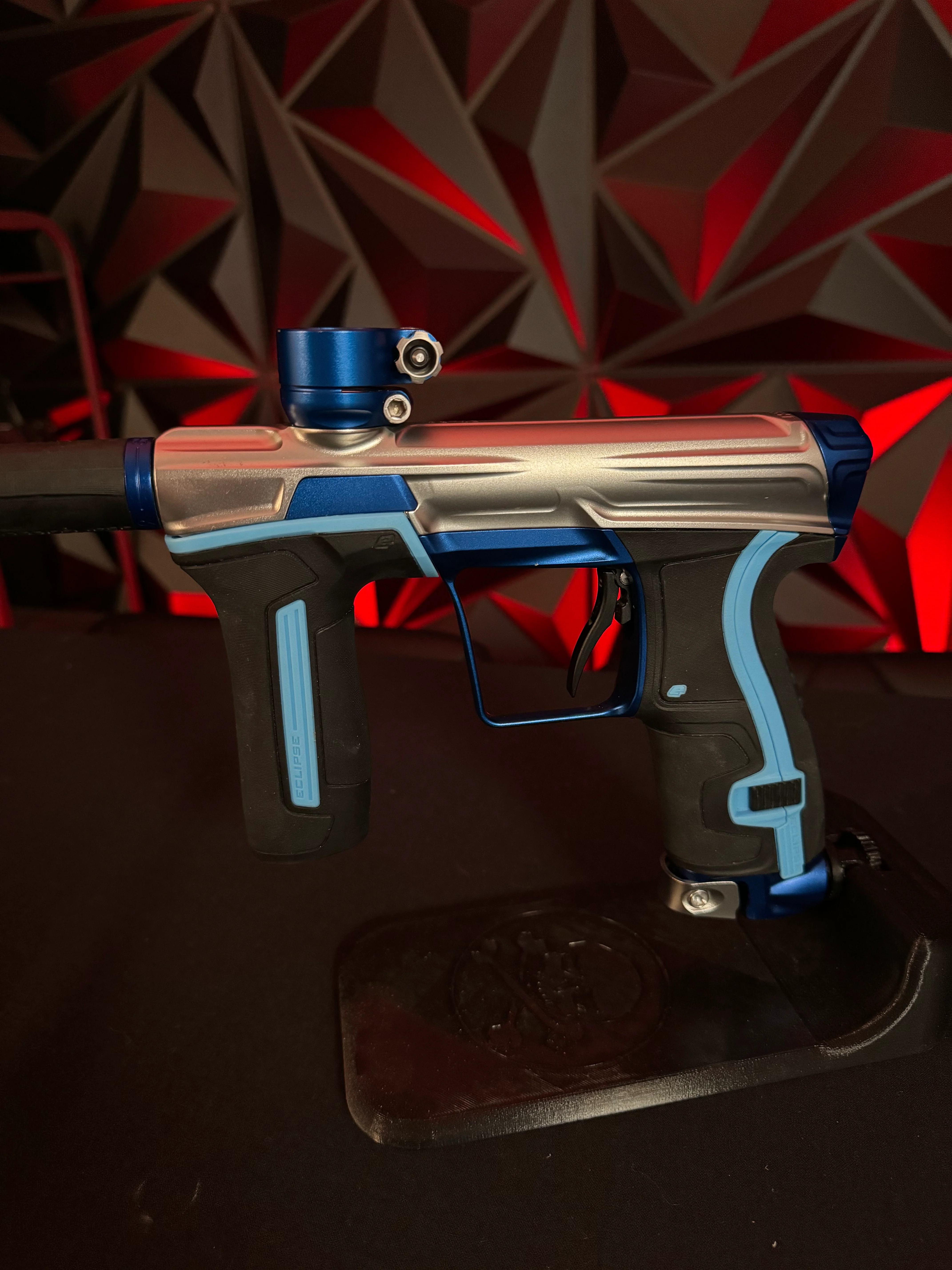 Used Planet Eclipse CS2 Paintball Gun - Silver/Blue w/Carbon Fiber FL Barrel, Scythe Trigger, Extra Set of Grip - Image 5