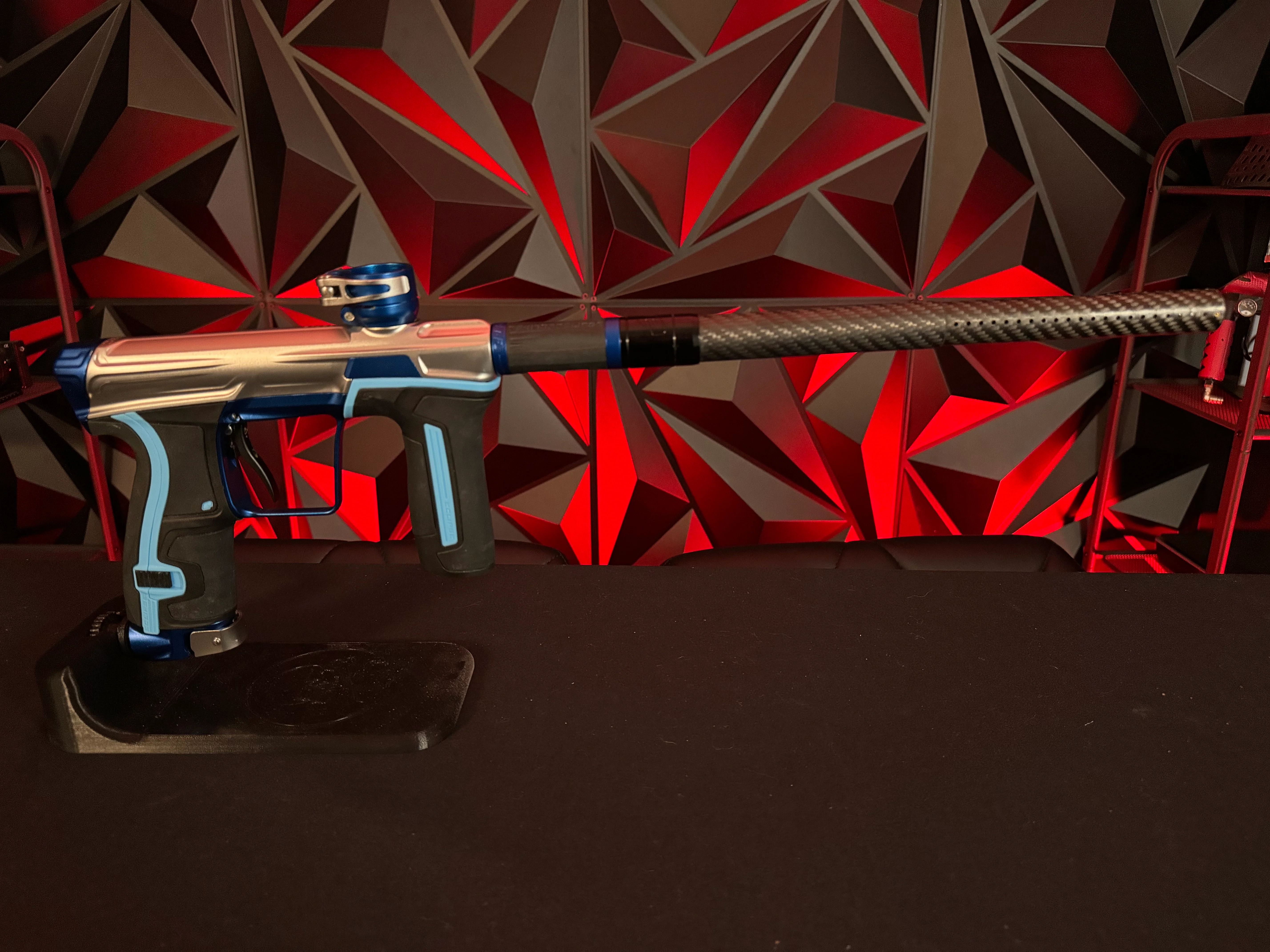 Used Planet Eclipse CS2 Paintball Gun - Silver/Blue w/Carbon Fiber FL Barrel, Scythe Trigger, Extra Set of Grip - Image 6