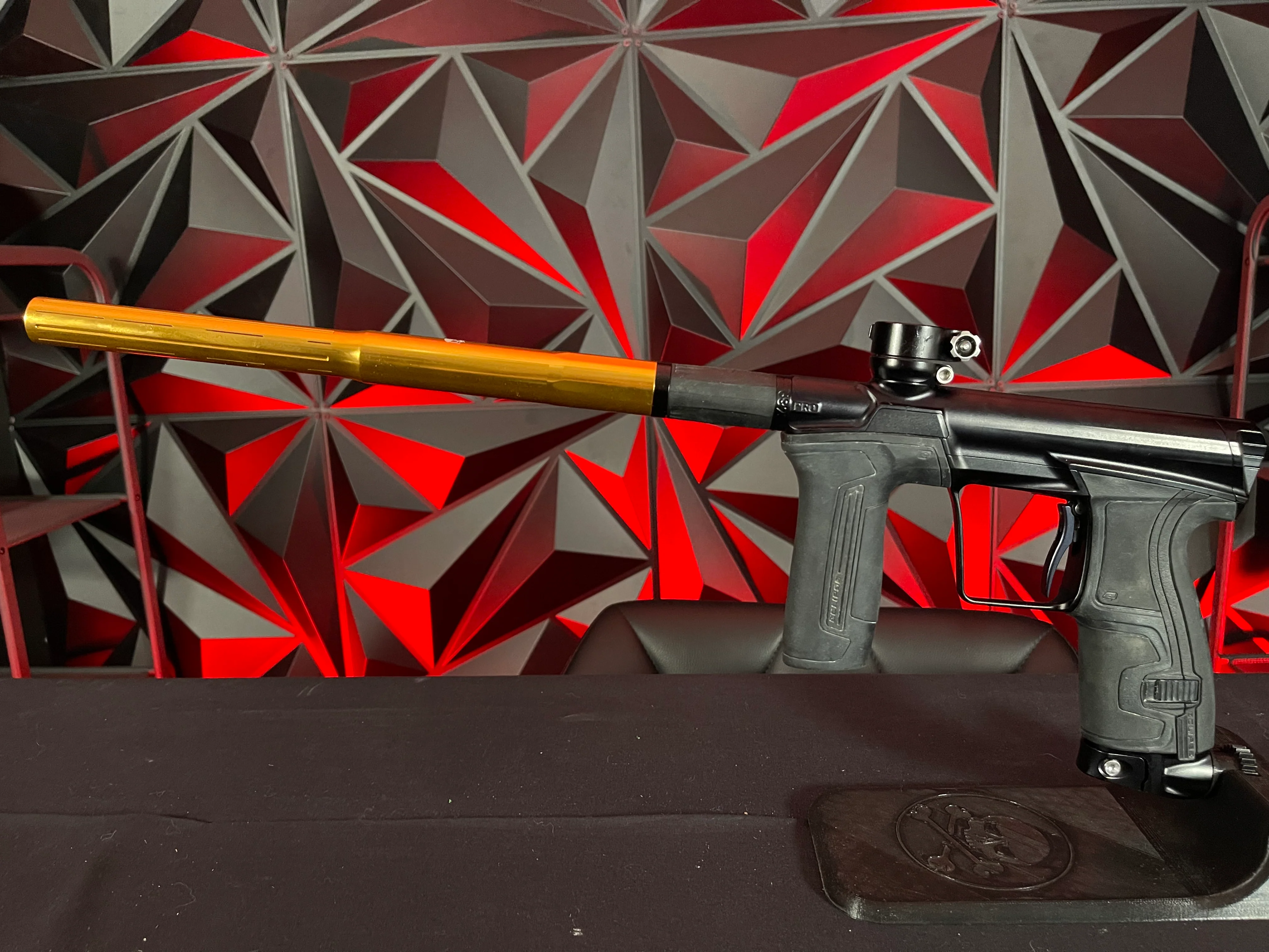 Used Planet Eclipse CS2 Pro Paintball Gun - Black w/ Gold Infamous FL Tip, 2 FL Backs, and Spare Black/White Grip Kit - Image 6