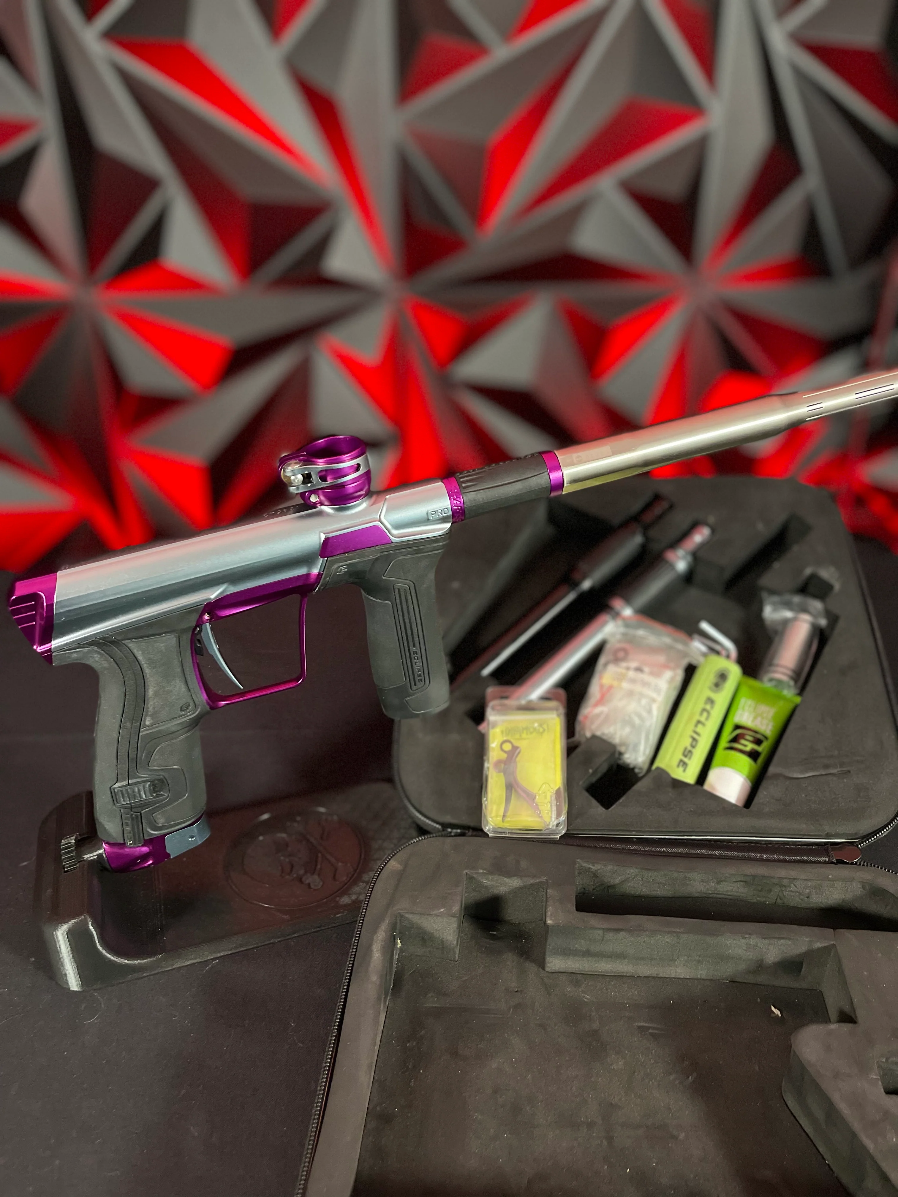 Used Planet Eclipse CS2 Pro Paintball Gun - Grey/Purple w/3 FL Backs & Infamous Deuce Trigger - Image 7