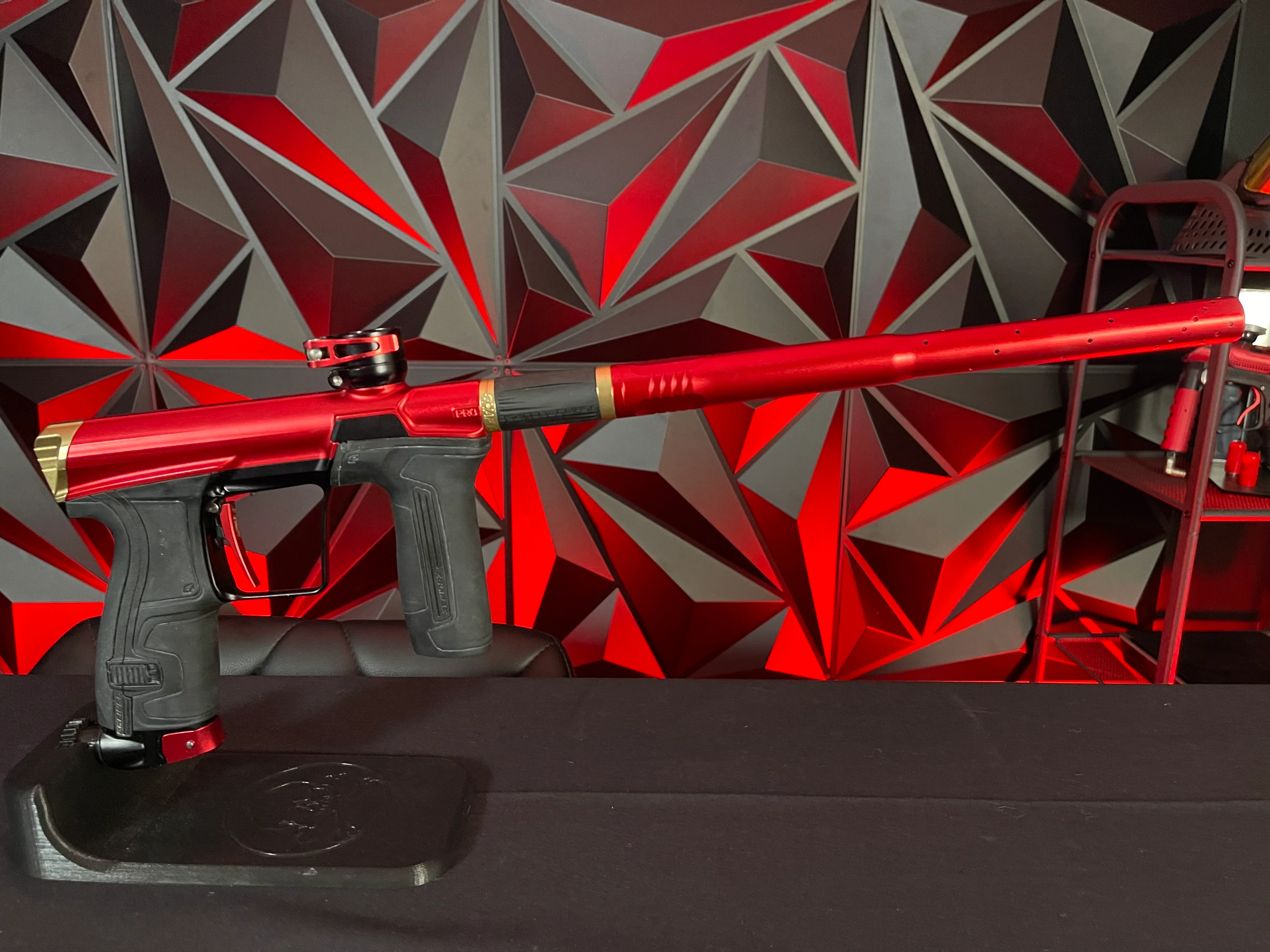 Used Planet Eclipse CS2 Pro Paintball Gun - Red/Black/Gold w/ 3 FL Backs - Image 5