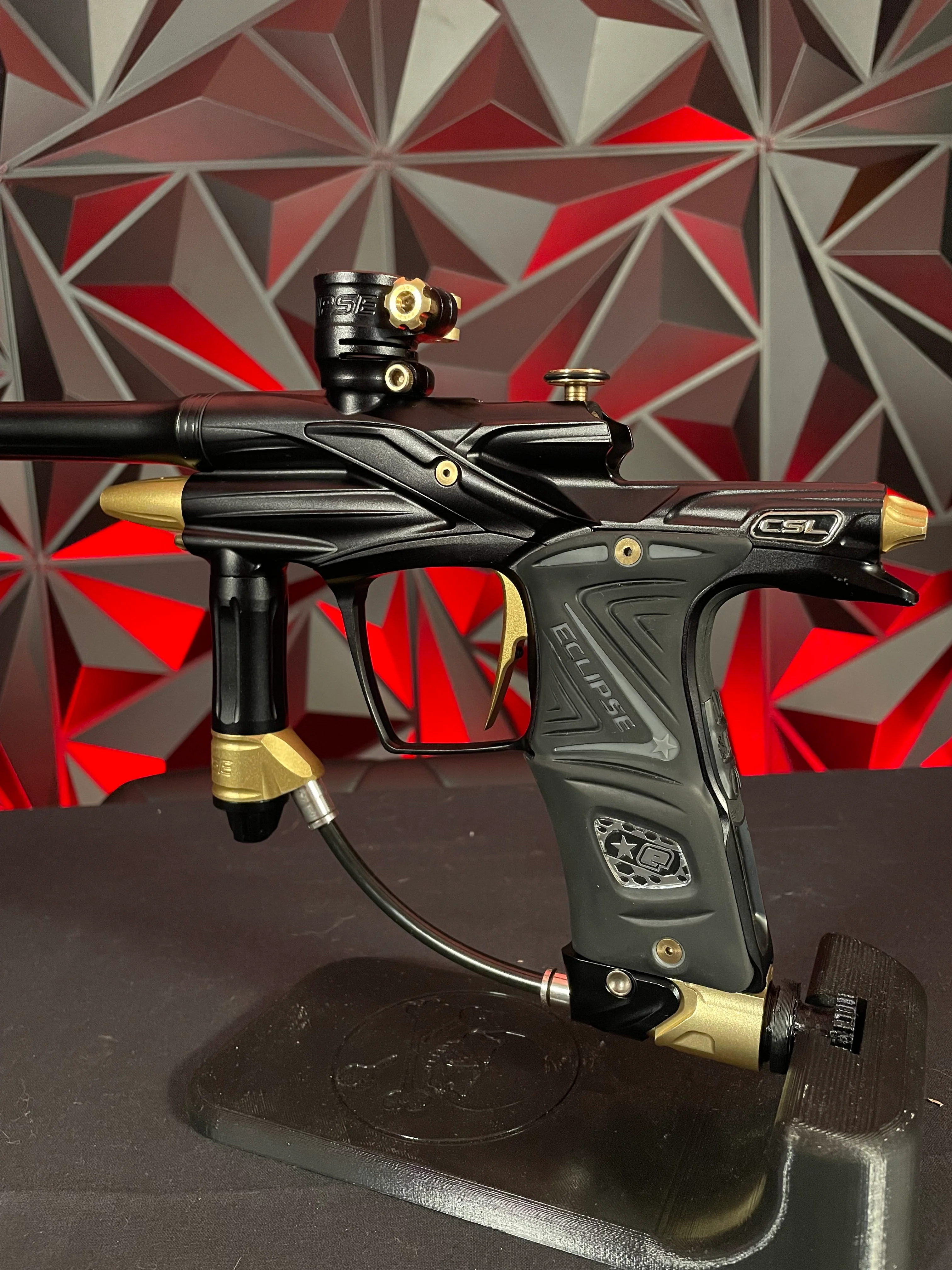 Used Planet Eclipse CSL Paintball Gun - Black/Gold w/14" & 16" Matching Carbon Fiber Tips, Blade and Scythe Trigger, & All 3 Barrel Backs - Image 2