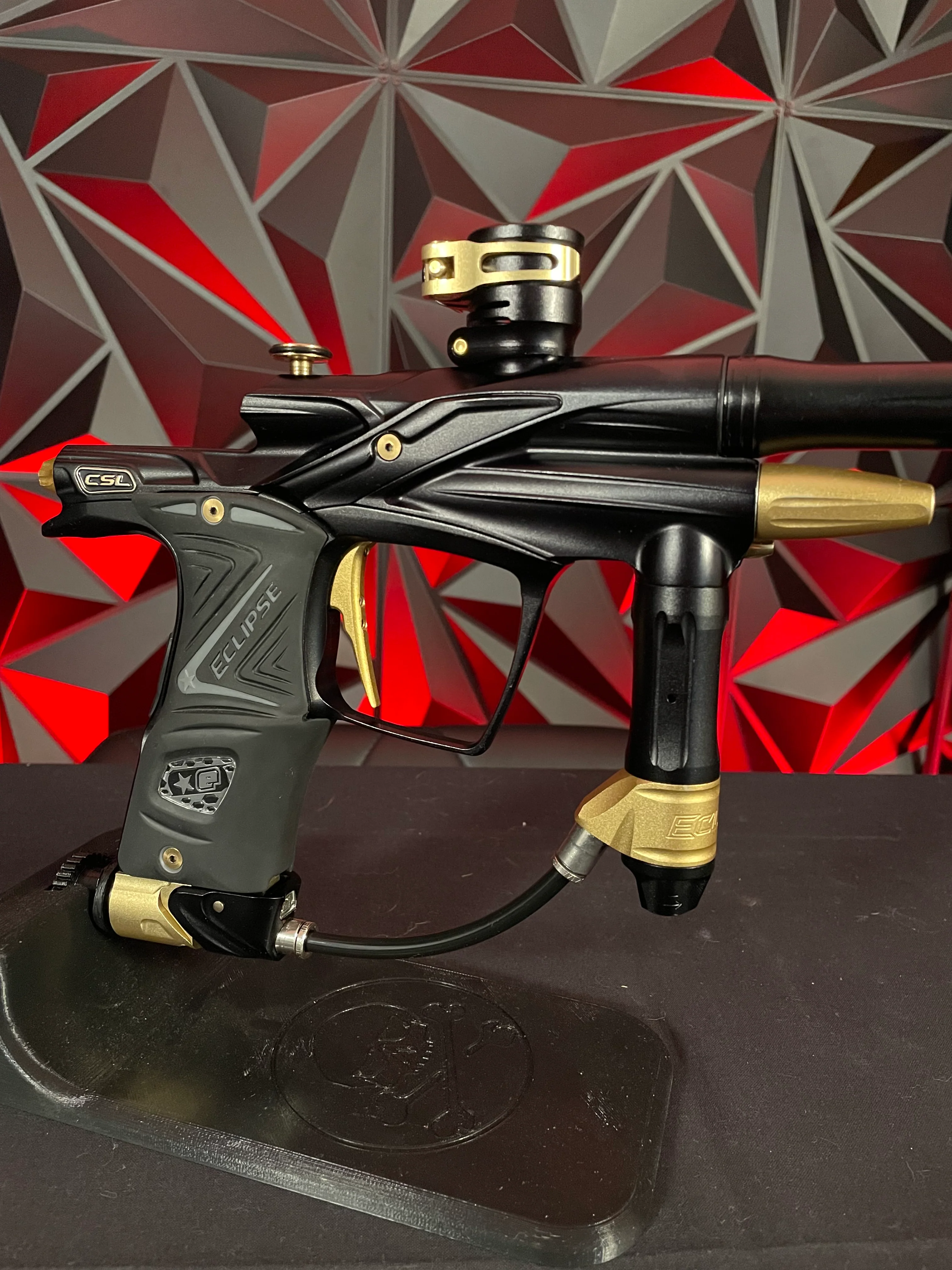 Used Planet Eclipse CSL Paintball Gun - Black/Gold w/14" & 16" Matching Carbon Fiber Tips, Blade and Scythe Trigger, & All 3 Barrel Backs - Image 3