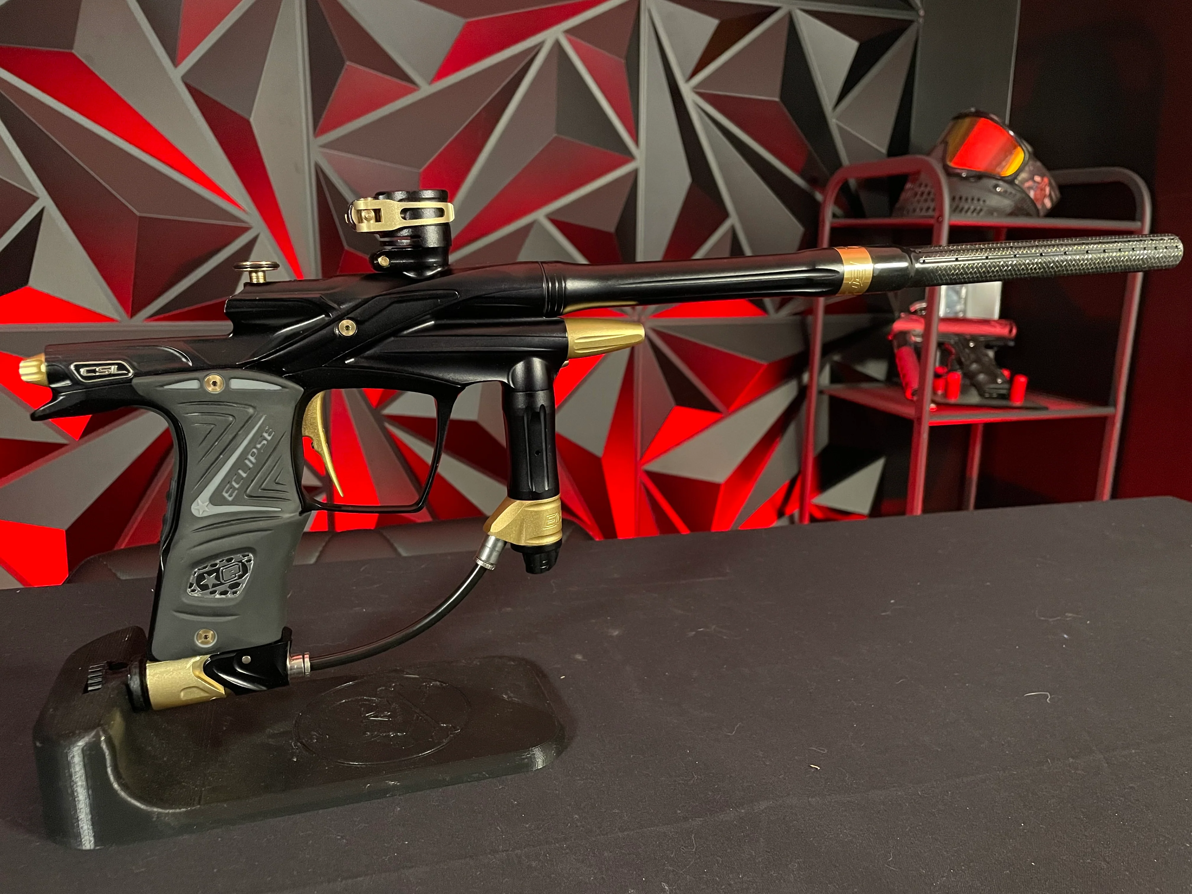 Used Planet Eclipse CSL Paintball Gun - Black/Gold w/14" & 16" Matching Carbon Fiber Tips, Blade and Scythe Trigger, & All 3 Barrel Backs - Image 4