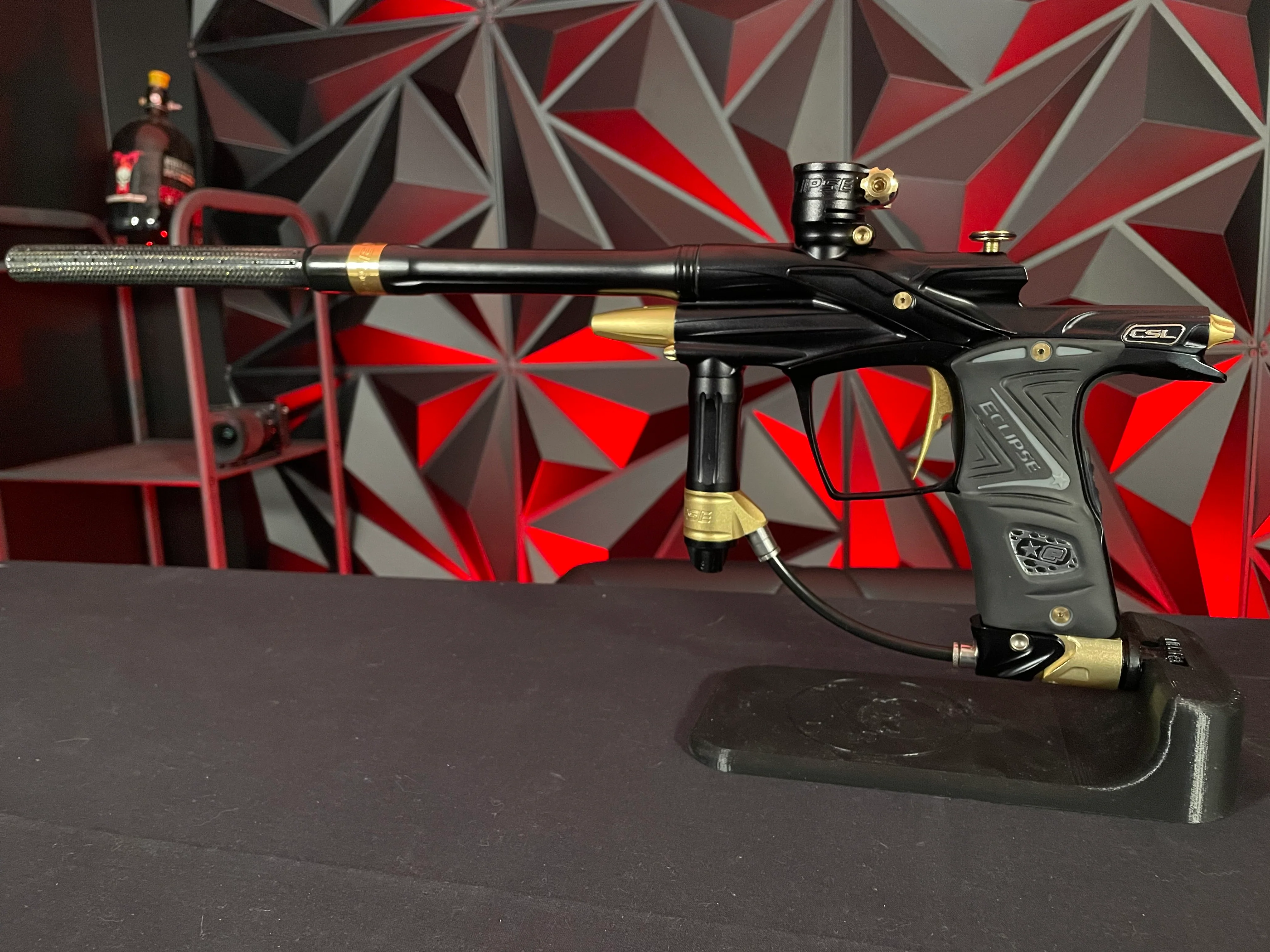 Used Planet Eclipse CSL Paintball Gun - Black/Gold w/14" & 16" Matching Carbon Fiber Tips, Blade and Scythe Trigger, & All 3 Barrel Backs - Image 5