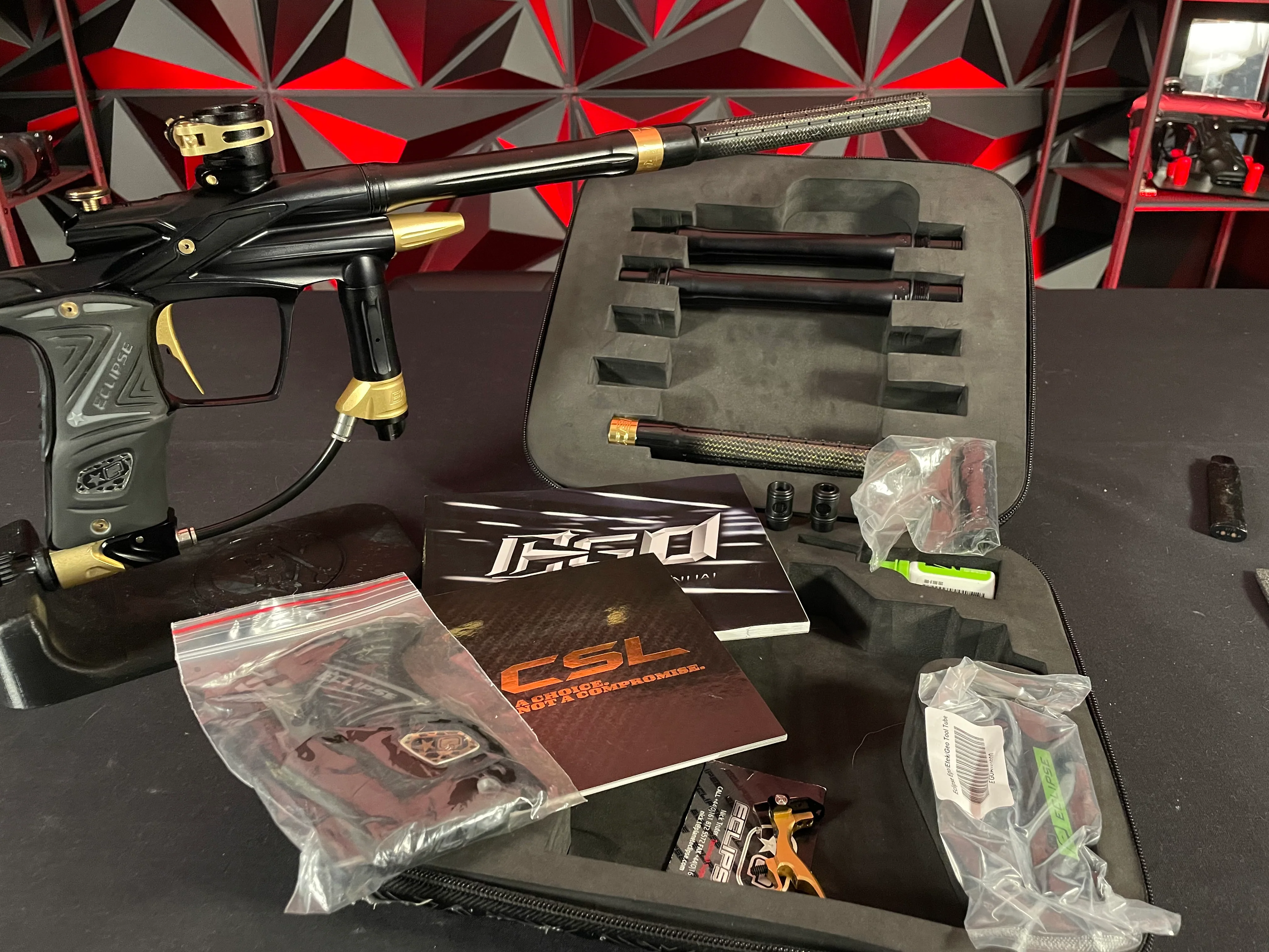 Used Planet Eclipse CSL Paintball Gun - Black/Gold w/14" & 16" Matching Carbon Fiber Tips, Blade and Scythe Trigger, & All 3 Barrel Backs - Image 6