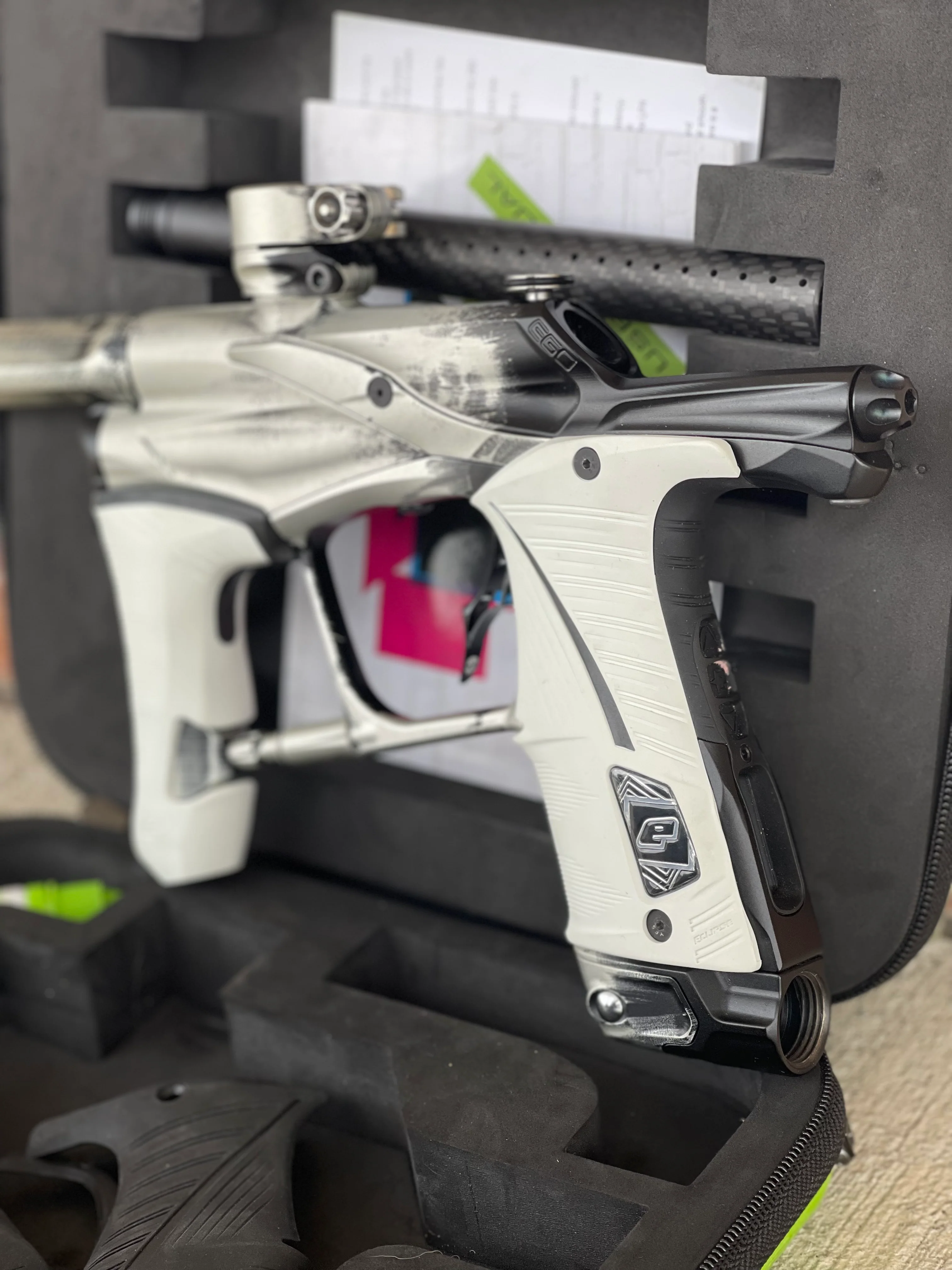 Used Planet Eclipse Ego Lv1.5 Paintball Marker- Silver/Black Fade Custom Anno w/ Infamous Deuce Trigger, White & Black Grips, Freak Barrel & Stock Barrel - Image 2